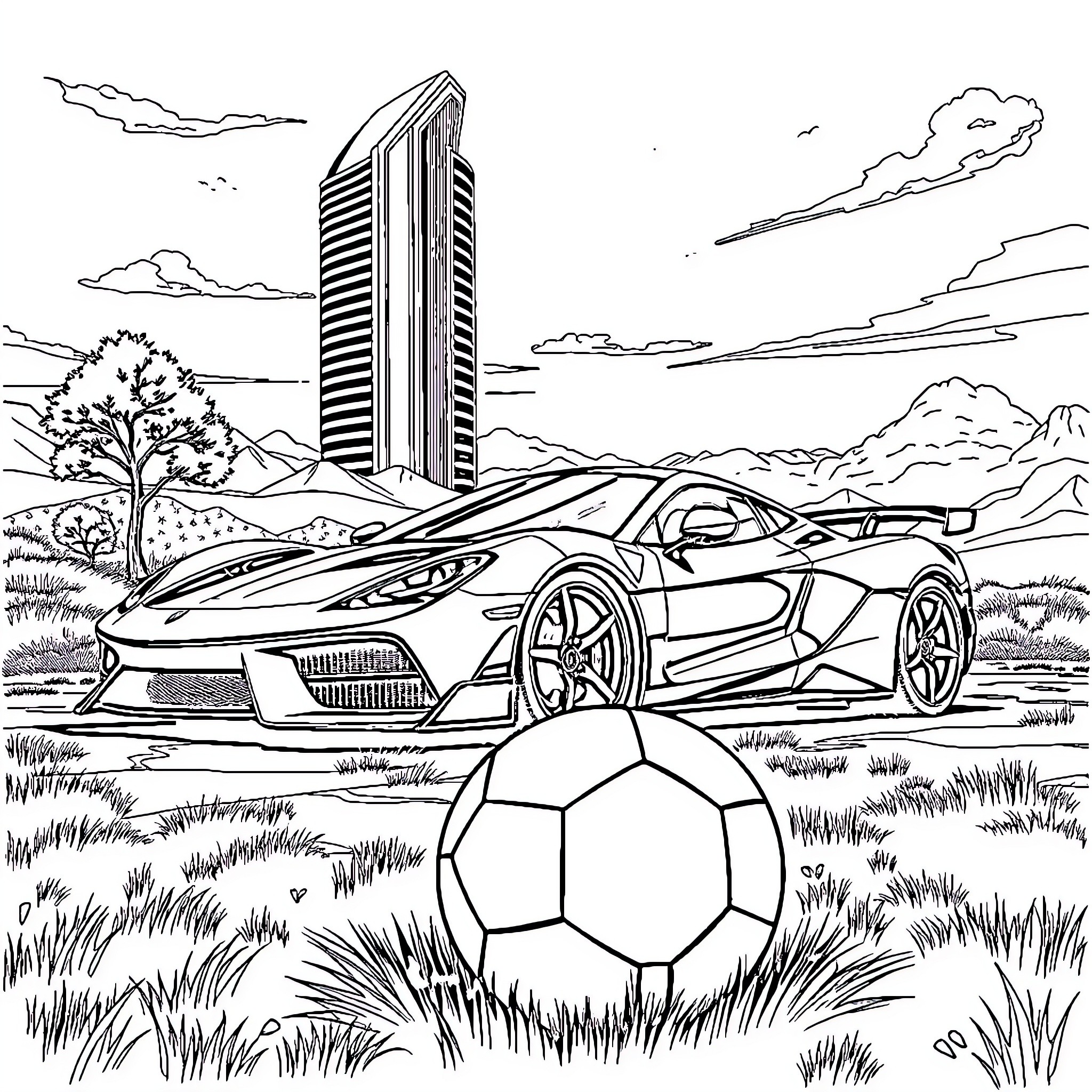 Car parked near soccer ball in scenic landscape Coloring Page (free black-and-white line drawing printable PDF for all, from beginners to advanced learners, including children, teens, adults, and seniors)