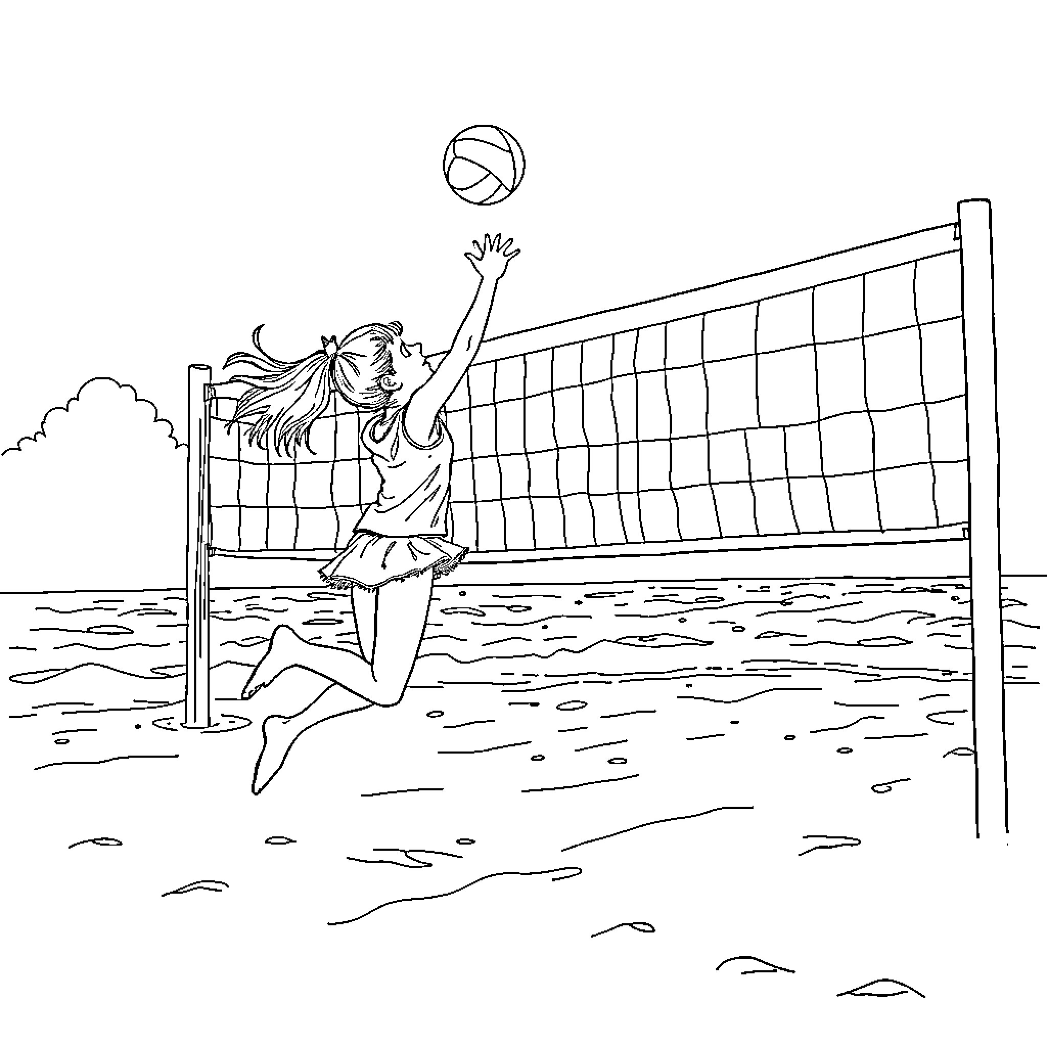 Girl jumping to spike volleyball on the beach Coloring Page (free black-and-white line drawing printable PDF for all, from beginners to advanced learners, including children, teens, adults, and seniors)