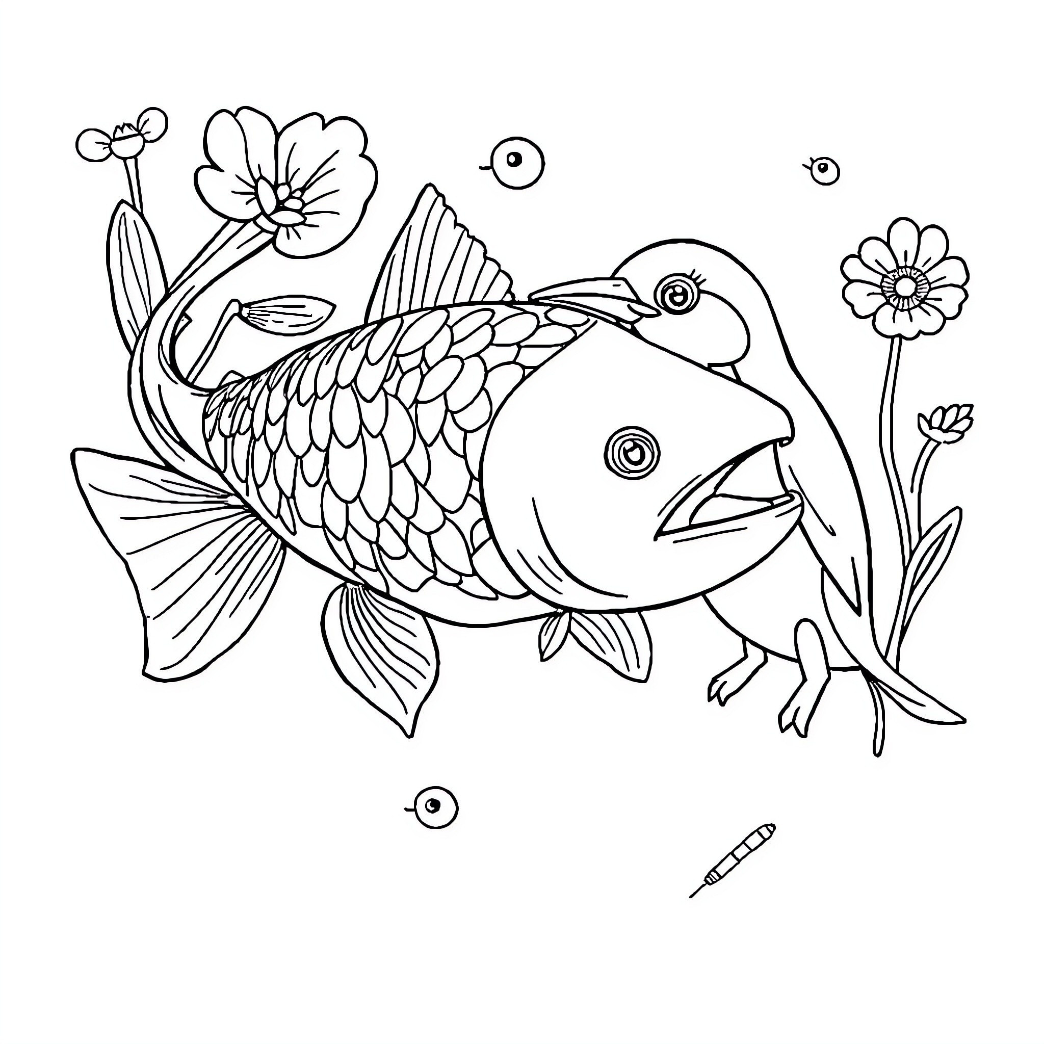 Water Animal with Floral Decorations Coloring Page (free black-and-white line drawing printable PDF for all, from beginners to advanced learners, including children, teens, adults, and seniors)