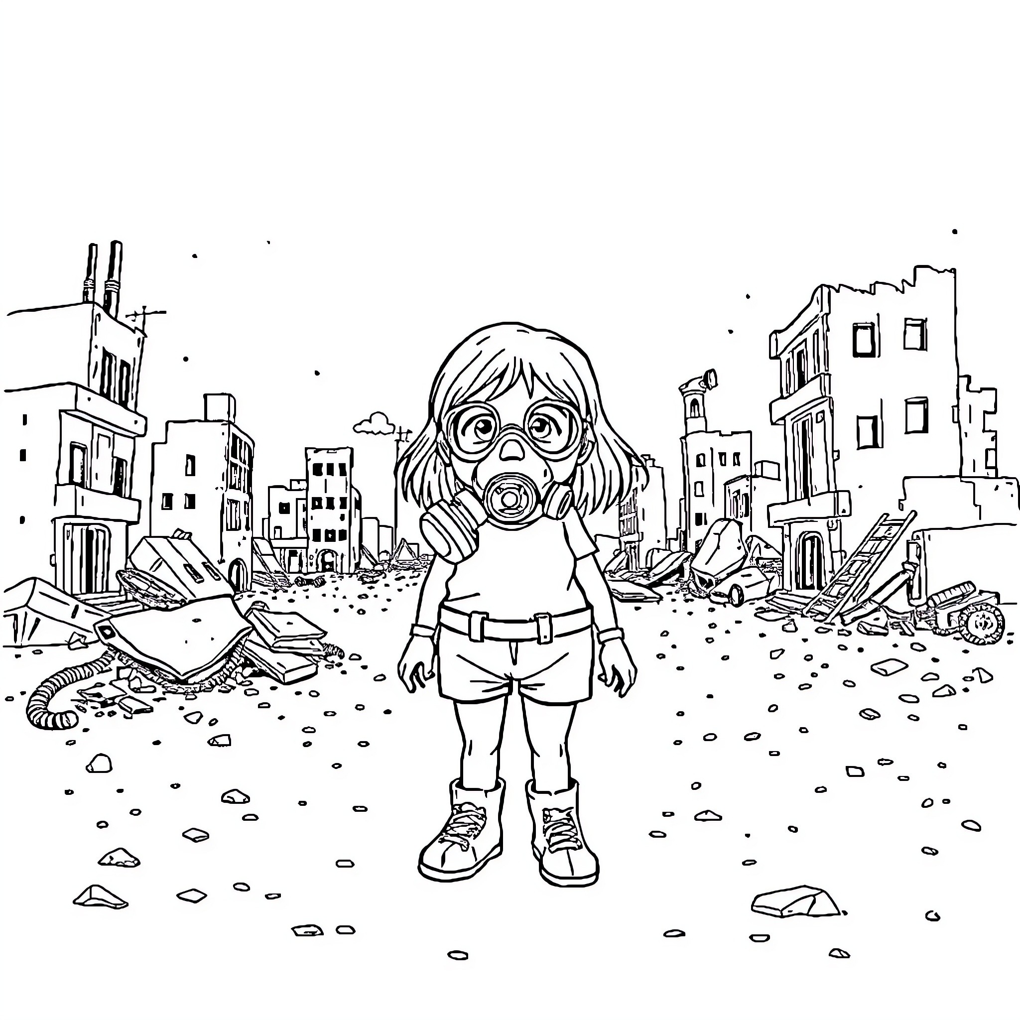 Girl exploring the ruins of a destroyed city Coloring Page (free black-and-white line drawing printable PDF for all, from beginners to advanced learners, including children, teens, adults, and seniors)