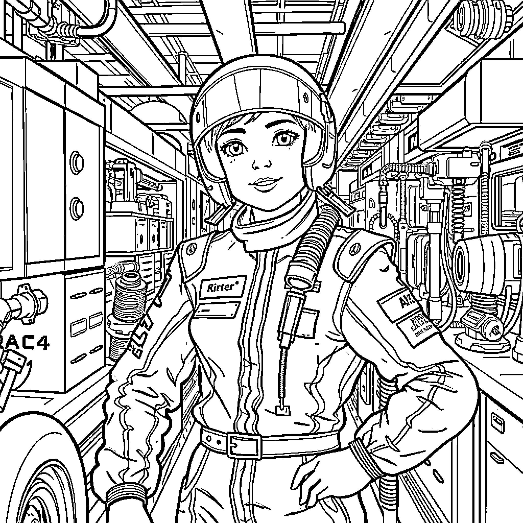 Girl in Astronaut Gear Exploring Futuristic Space Station Coloring Page (free black-and-white line drawing printable PDF for all, from beginners to advanced learners, including children, teens, adults, and seniors)