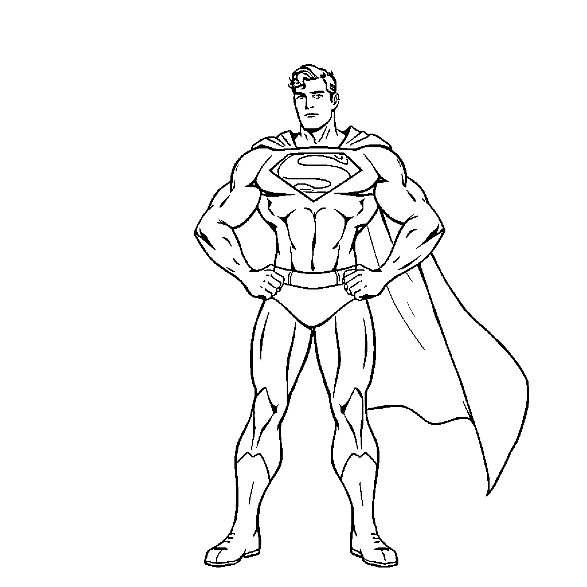 Superman standing heroically in costume Coloring Page (free black-and-white line drawing printable PDF for all, from beginners to advanced learners, including children, teens, adults, and seniors)