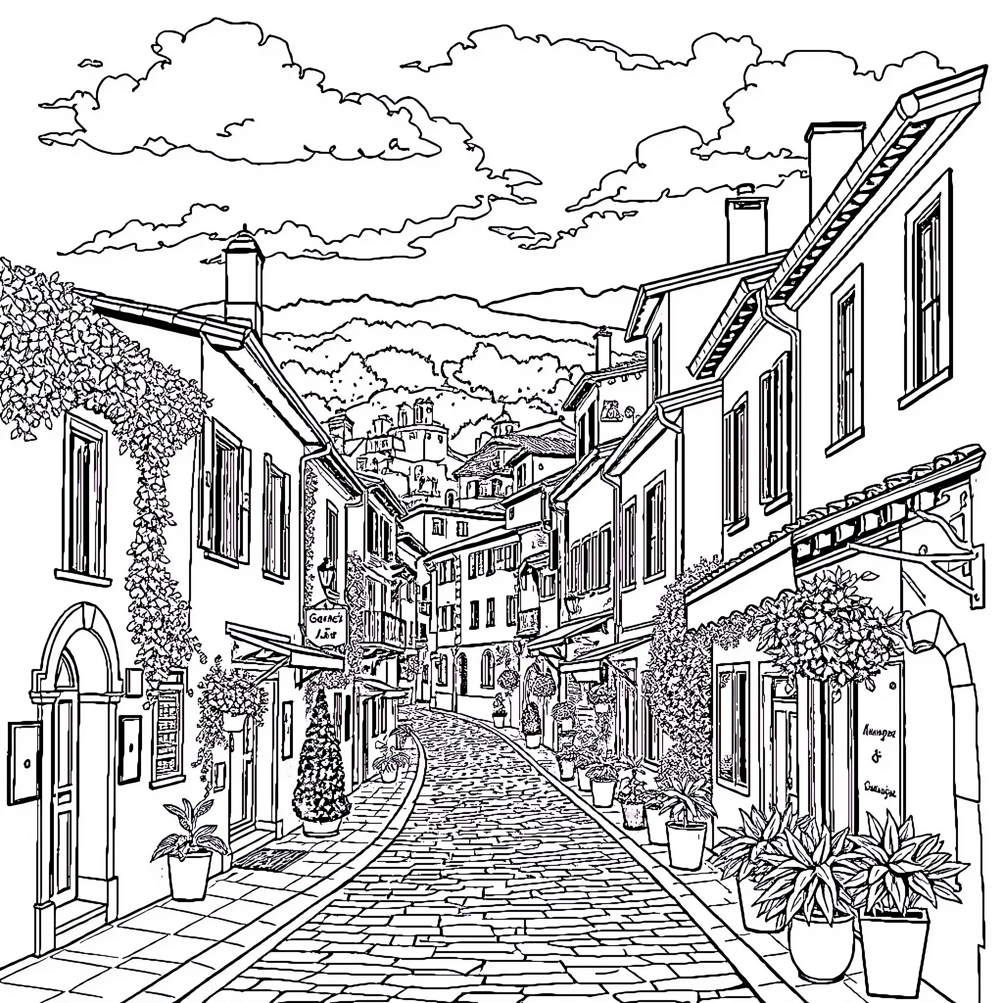 Asti: A Charming European Town Street Scene Coloring Page (free black-and-white line drawing printable PDF for all, from beginners to advanced learners, including children, teens, adults, and seniors)