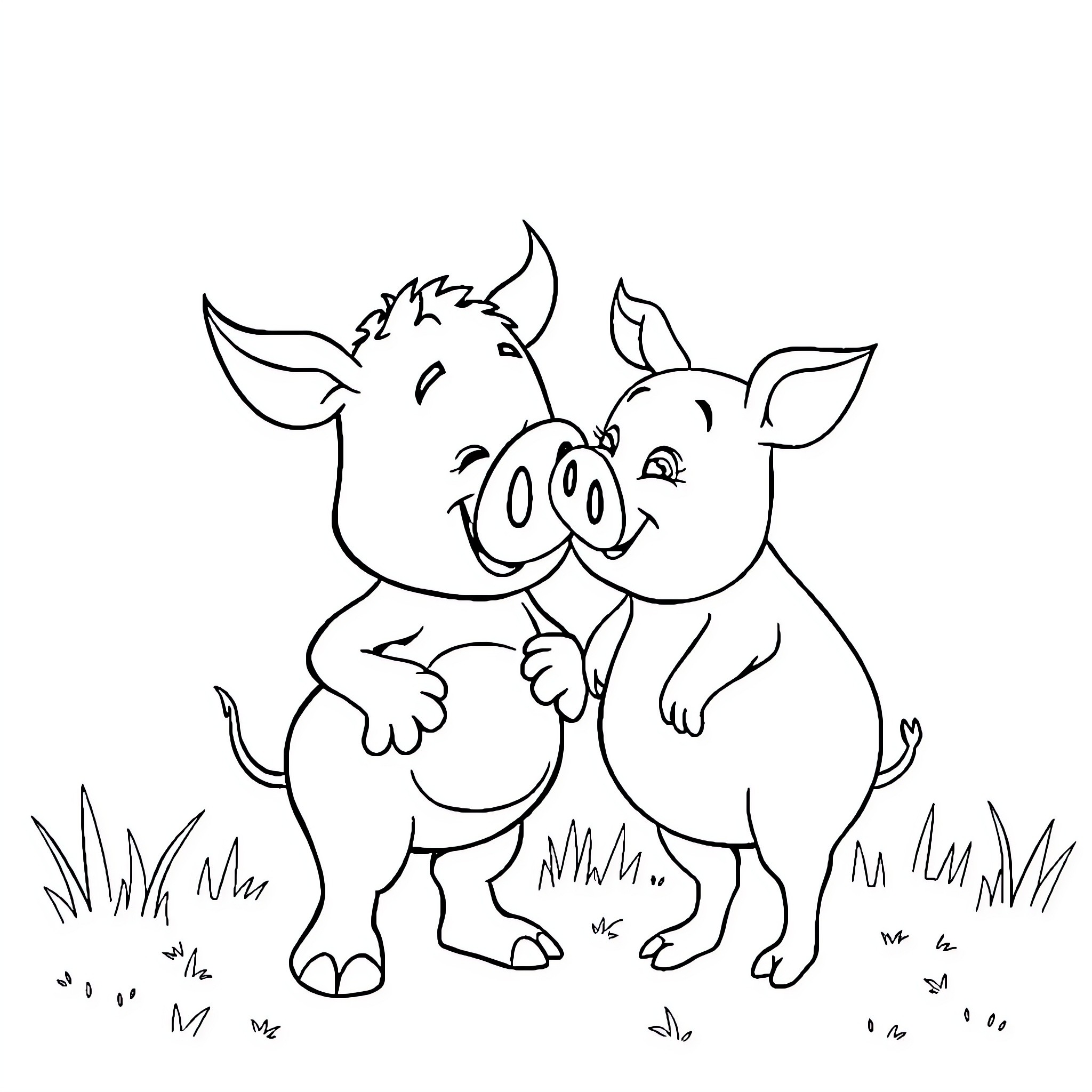 Beef Two Pigs Posing Together Happily Coloring Page (free black-and-white line drawing printable PDF for all, from beginners to advanced learners, including children, teens, adults, and seniors)