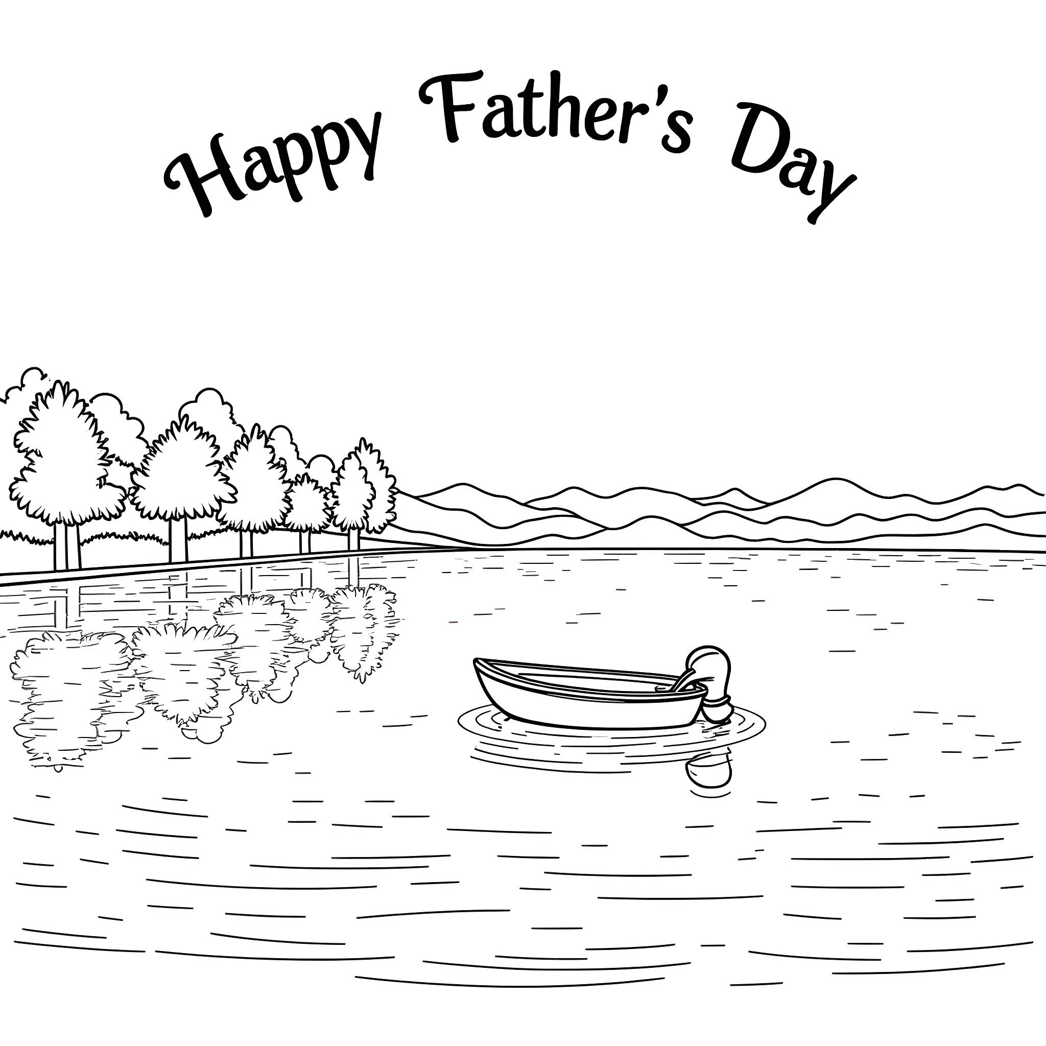 Father's Day scene with boat on lake Coloring Page (free black-and-white line drawing printable PDF for all, from beginners to advanced learners, including children, teens, adults, and seniors)