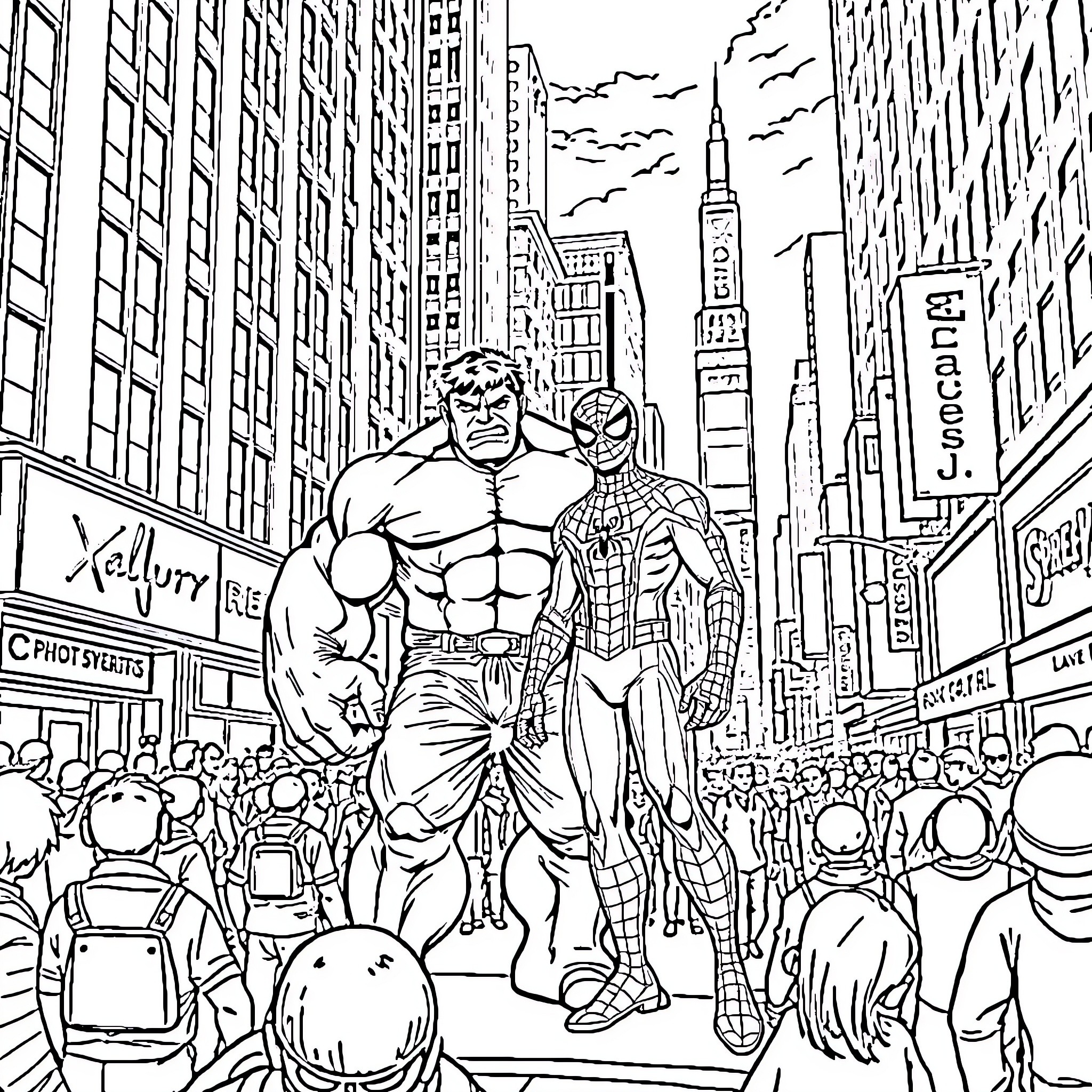 Hulk and Spider-Man saving the city Coloring Page (free black-and-white line drawing printable PDF for all, from beginners to advanced learners, including children, teens, adults, and seniors)