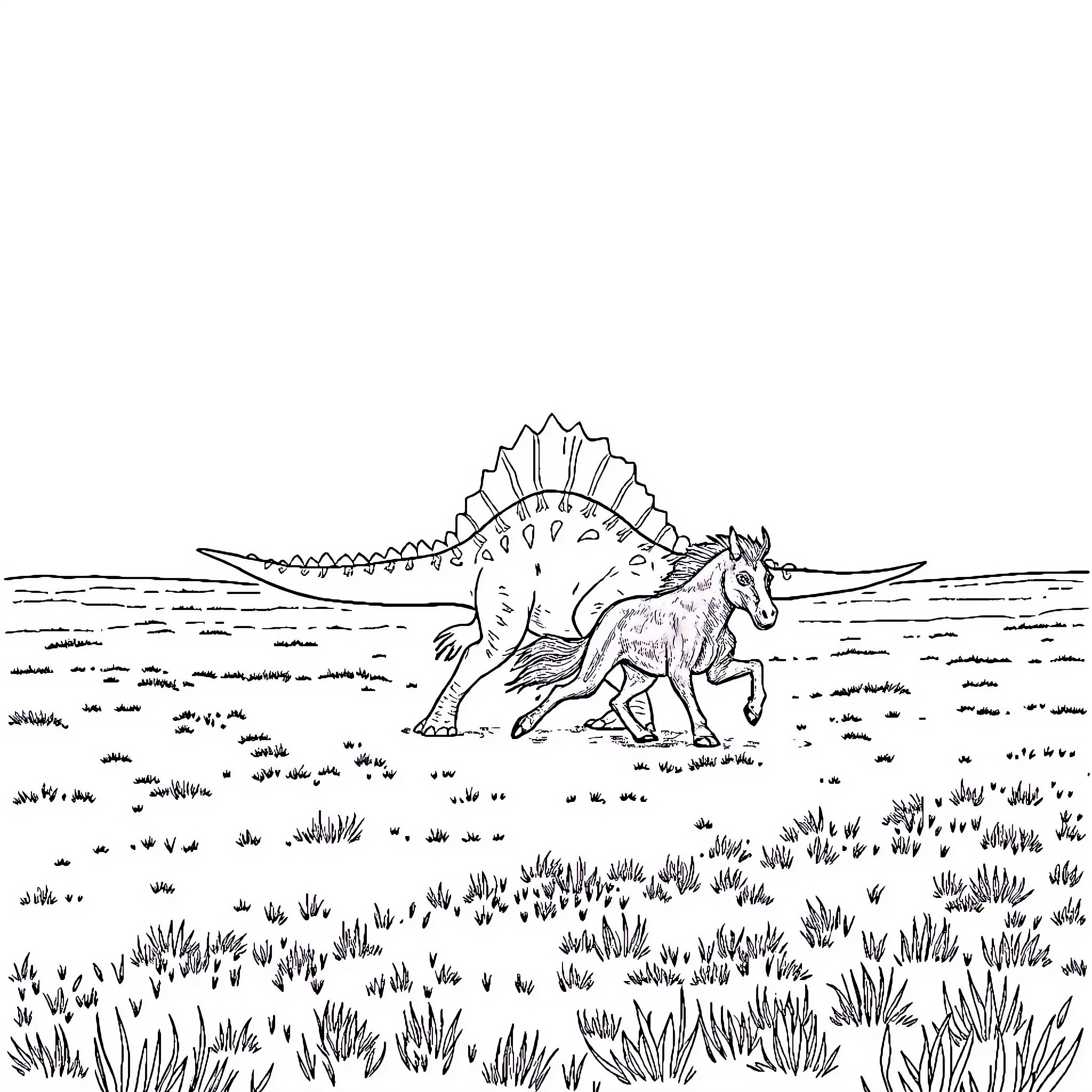Spinosaurus stalking through the prehistoric landscape Coloring Page (free black-and-white line drawing printable PDF for all, from beginners to advanced learners, including children, teens, adults, and seniors)