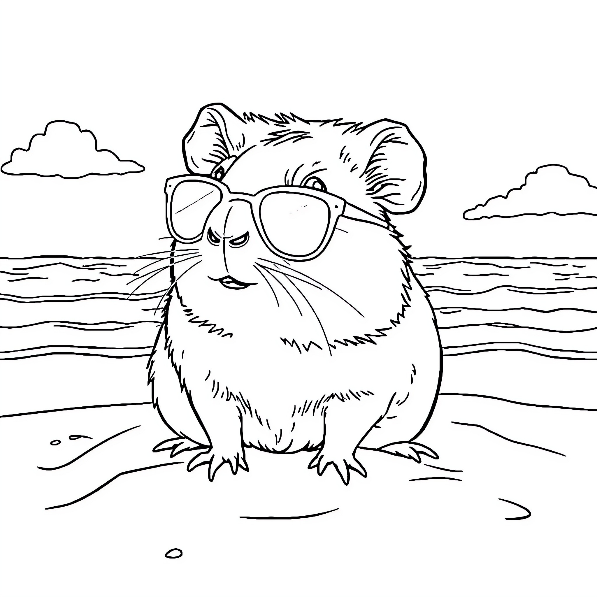 Guinea Pig relaxing at the beach Coloring Page (free black-and-white line drawing printable PDF for all, from beginners to advanced learners, including children, teens, adults, and seniors)