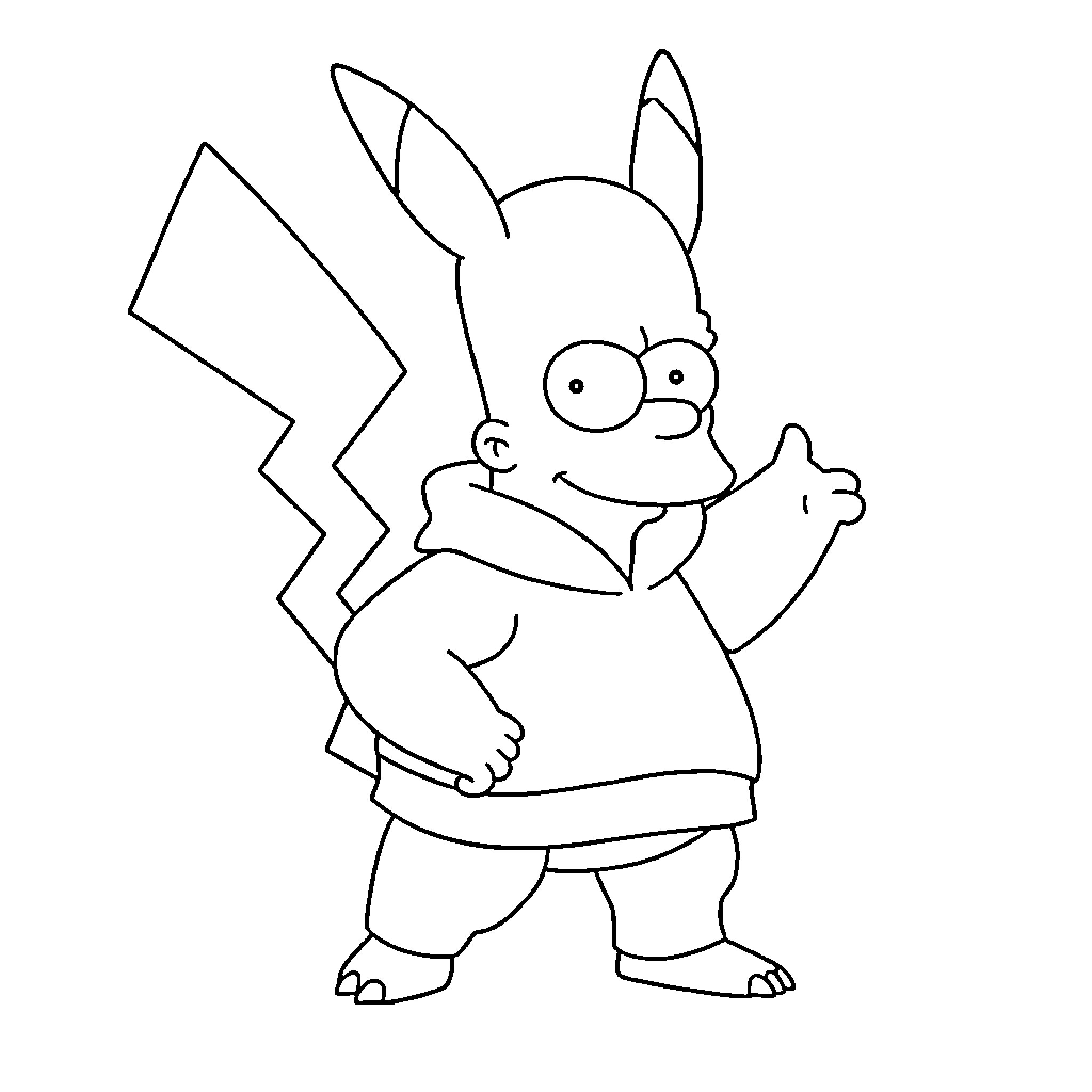 Homer Simpson as a Pikachu cartoon character Coloring Page (free black-and-white line drawing printable PDF for all, from beginners to advanced learners, including children, teens, adults, and seniors)
