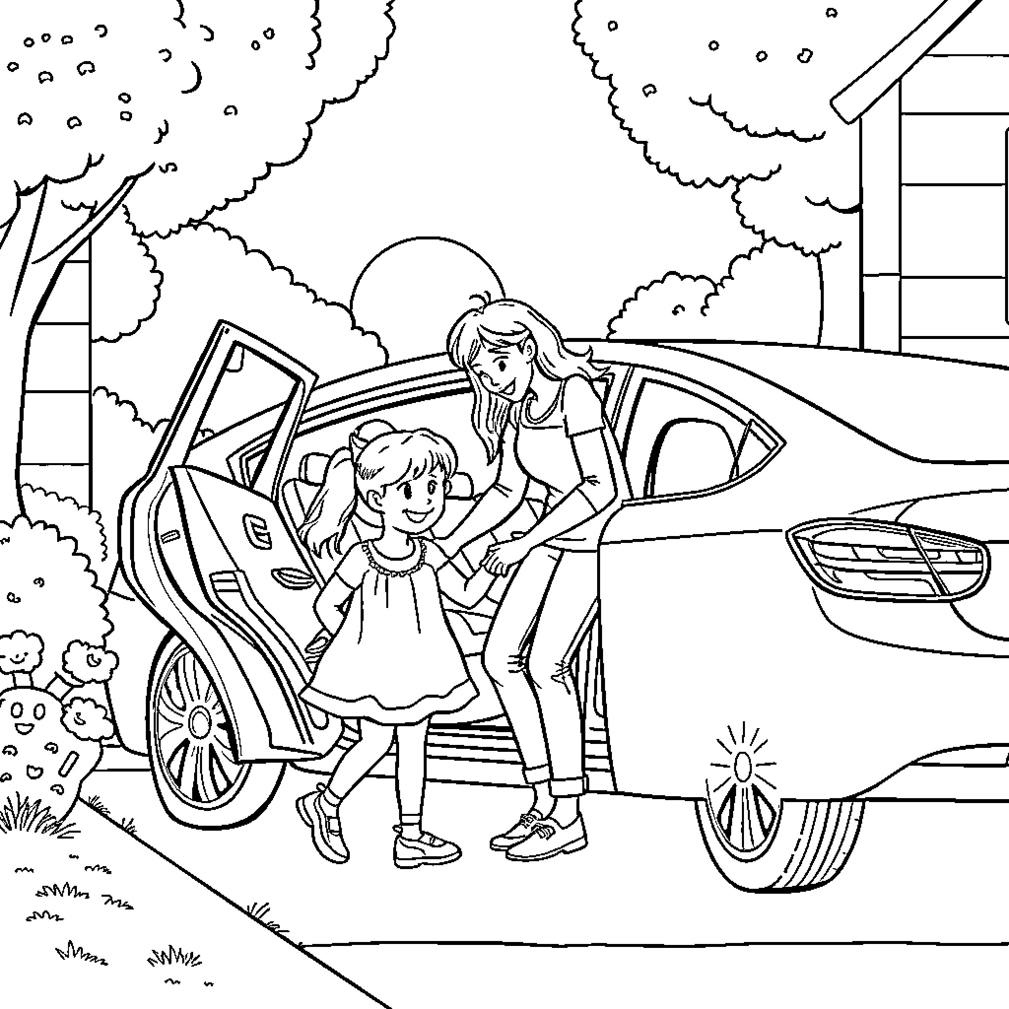 Mommy and Daughter Enjoying Time Together Coloring Page (free black-and-white line drawing printable PDF for all, from beginners to advanced learners, including children, teens, adults, and seniors)