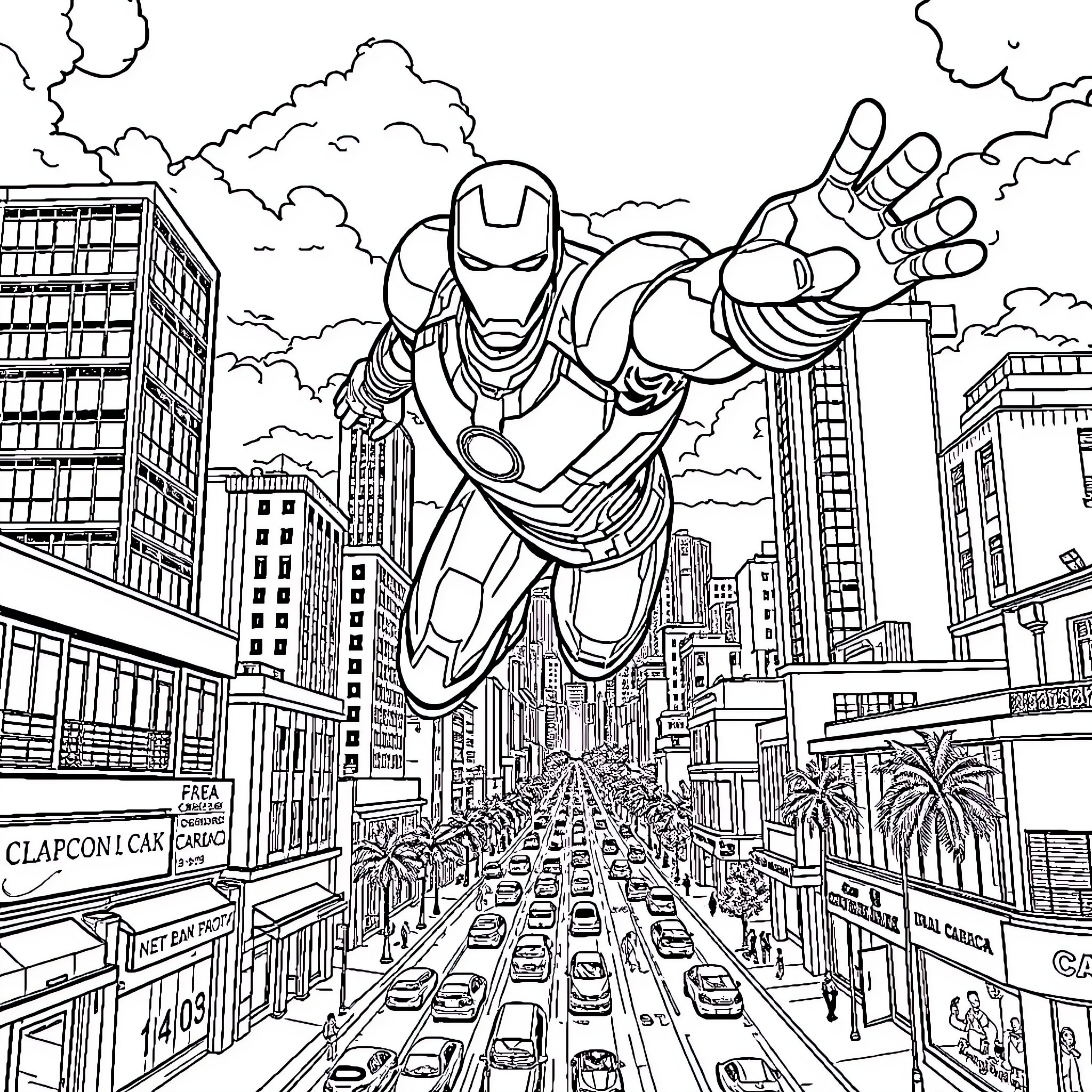 Iron Man Soaring Through the City Skyline Coloring Page (free black-and-white line drawing printable PDF for all, from beginners to advanced learners, including children, teens, adults, and seniors)