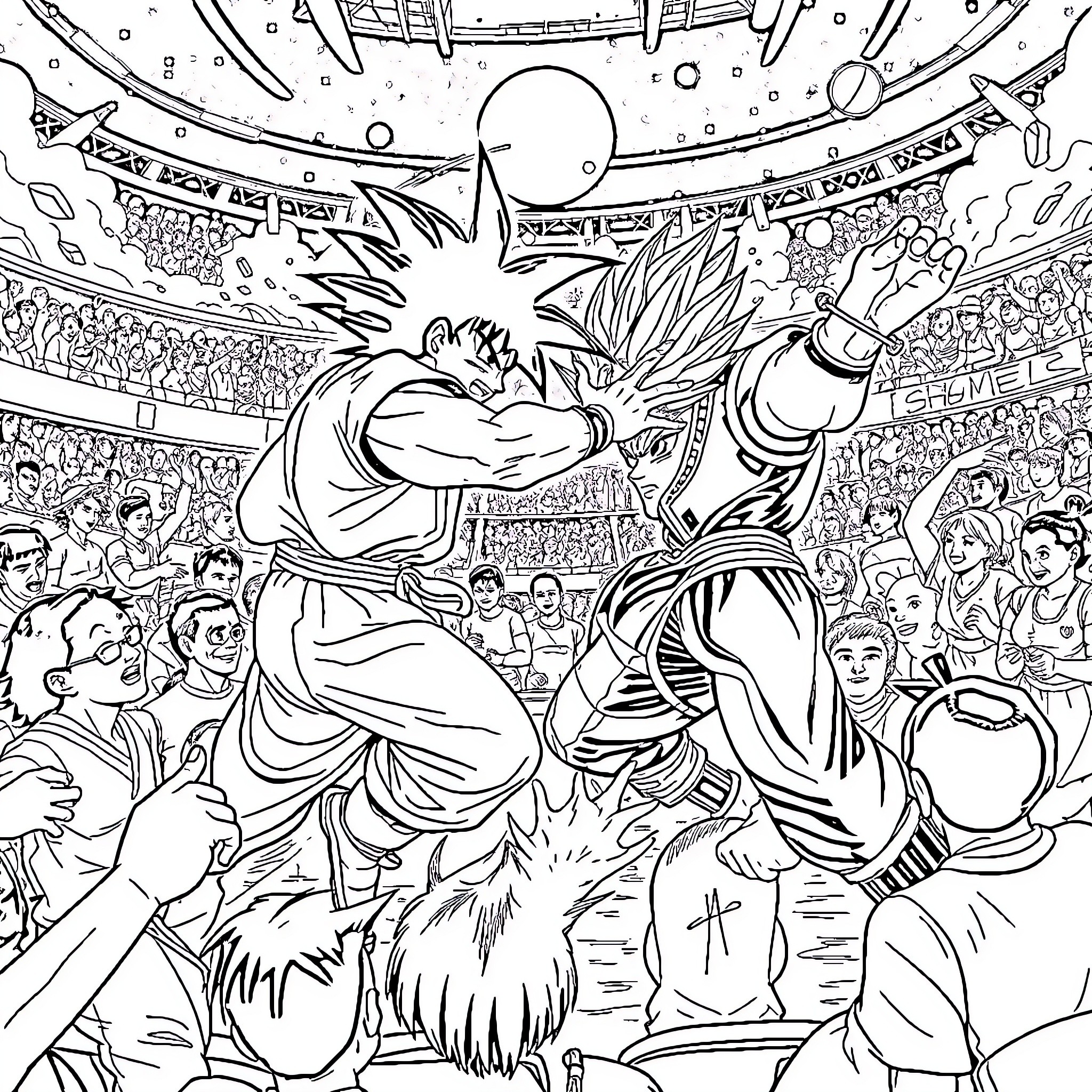 Chase of epic battle in the stadium Coloring Page (free black-and-white line drawing printable PDF for all, from beginners to advanced learners, including children, teens, adults, and seniors)