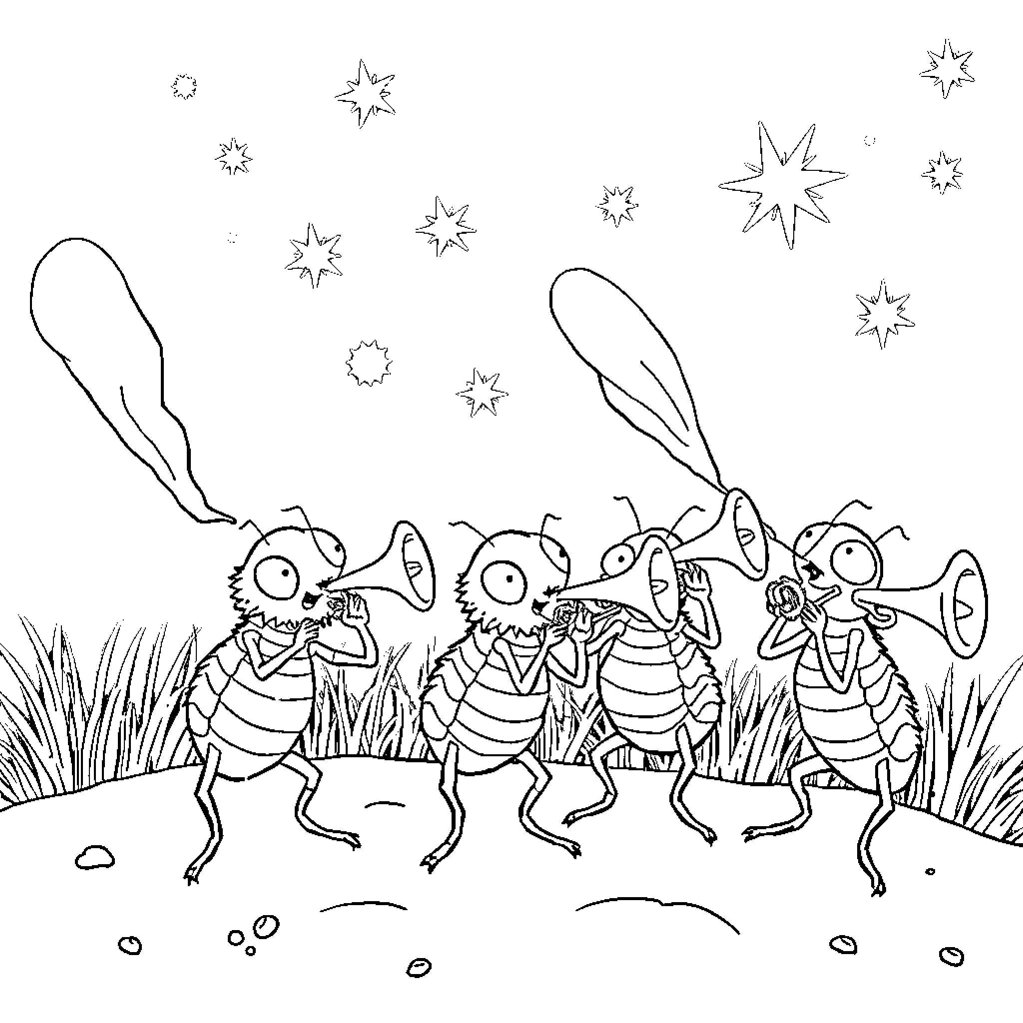 Lice partying under the stars Coloring Page (free black-and-white line drawing printable PDF for all, from beginners to advanced learners, including children, teens, adults, and seniors)