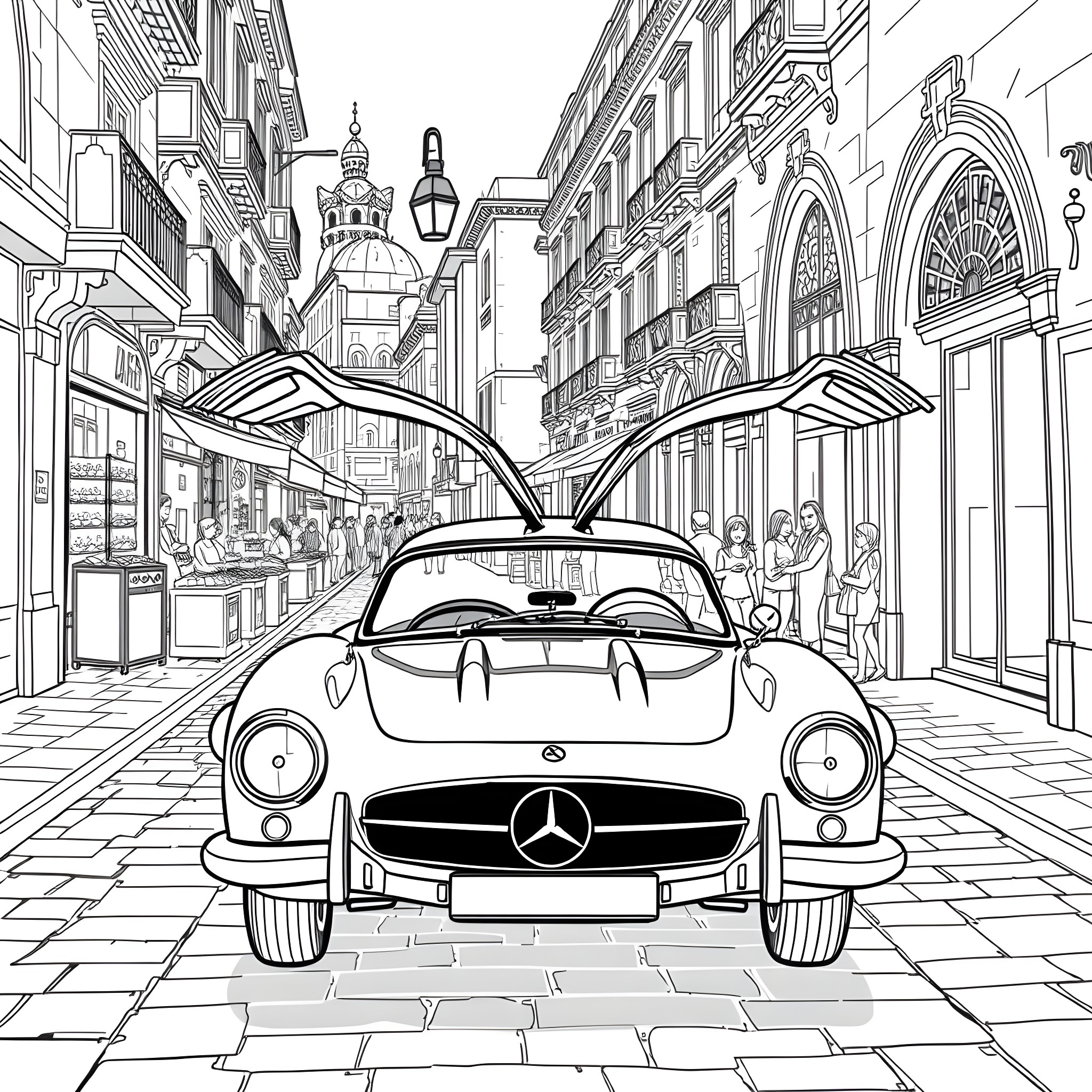 Mercedes-Benz Vintage Car in Bustling European Street Coloring Page (free black-and-white line drawing printable PDF for all, from beginners to advanced learners, including children, teens, adults, and seniors)