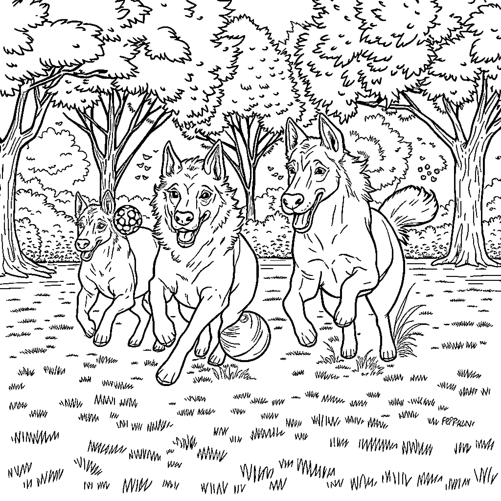 Perros jugando alegremente en el bosque Coloring Page (free black-and-white line drawing printable PDF for all, from beginners to advanced learners, including children, teens, adults, and seniors)