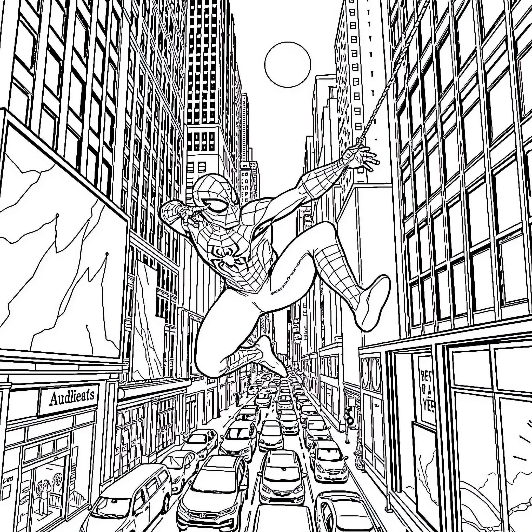 Spiderman swinging through the bustling city streets Coloring Page (free black-and-white line drawing printable PDF for all, from beginners to advanced learners, including children, teens, adults, and seniors)