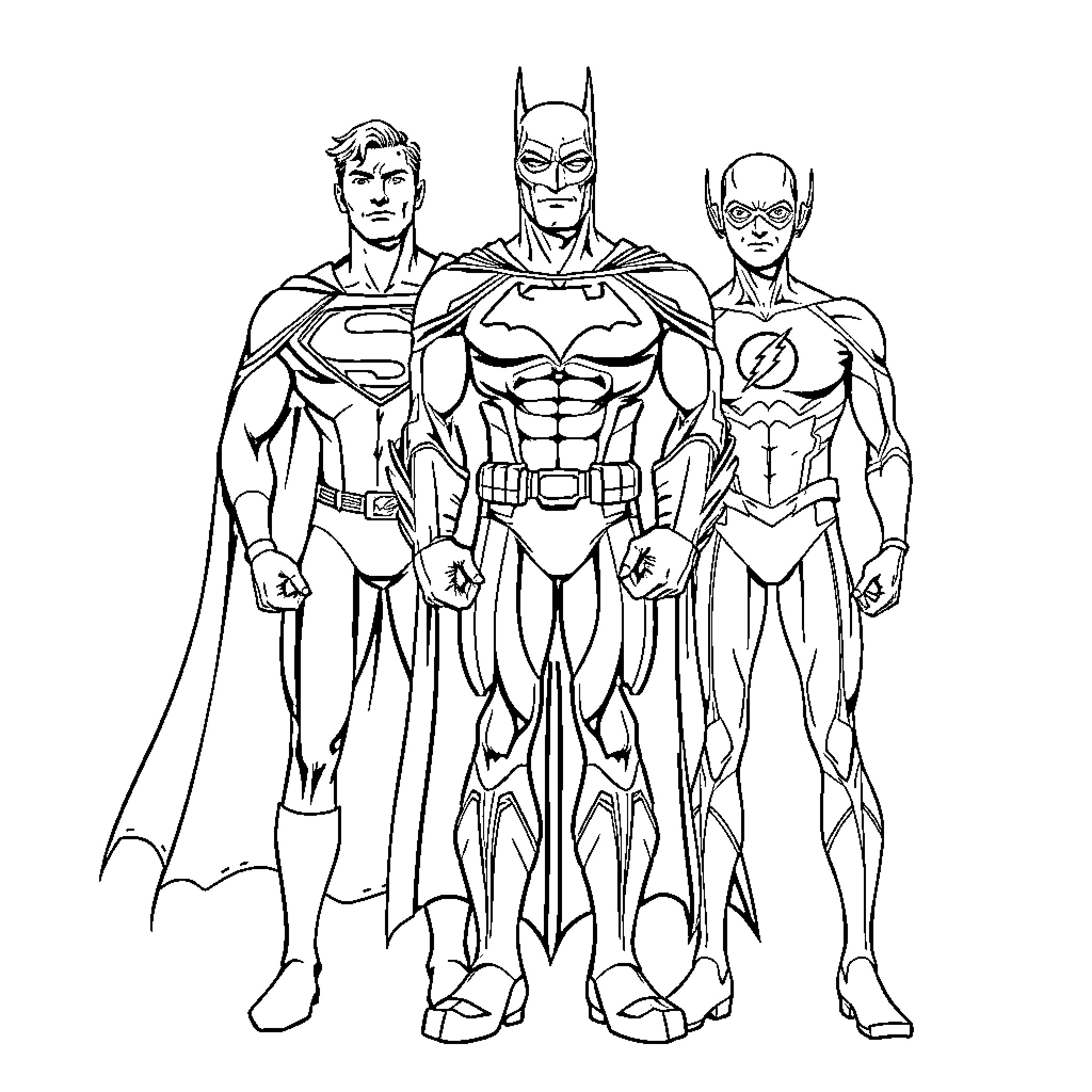 Superhero Trio in Action Poses Coloring Page (free black-and-white line drawing printable PDF for all, from beginners to advanced learners, including children, teens, adults, and seniors)