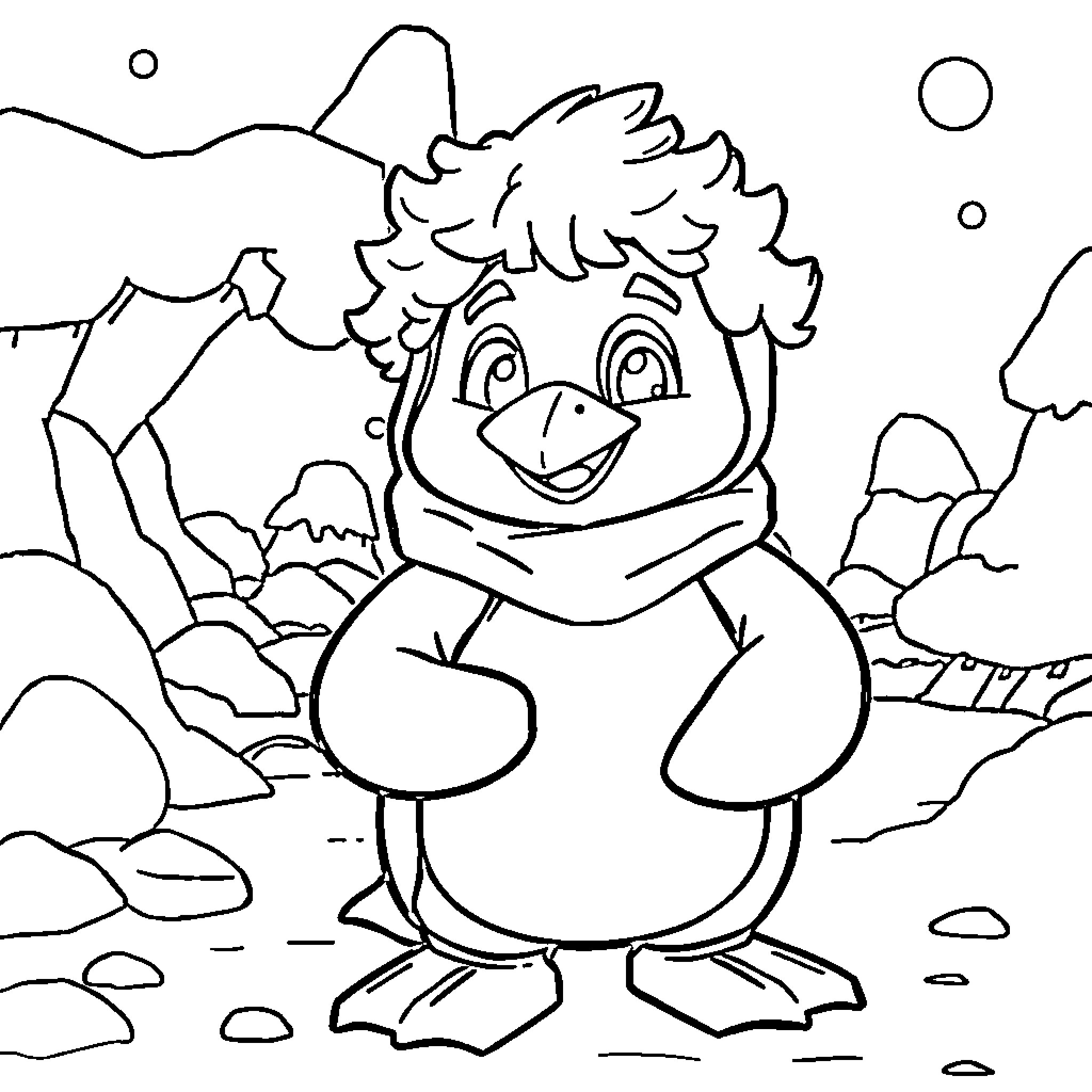 Boy exploring a winter wonderland Coloring Page (free black-and-white line drawing printable PDF for all, from beginners to advanced learners, including children, teens, adults, and seniors)