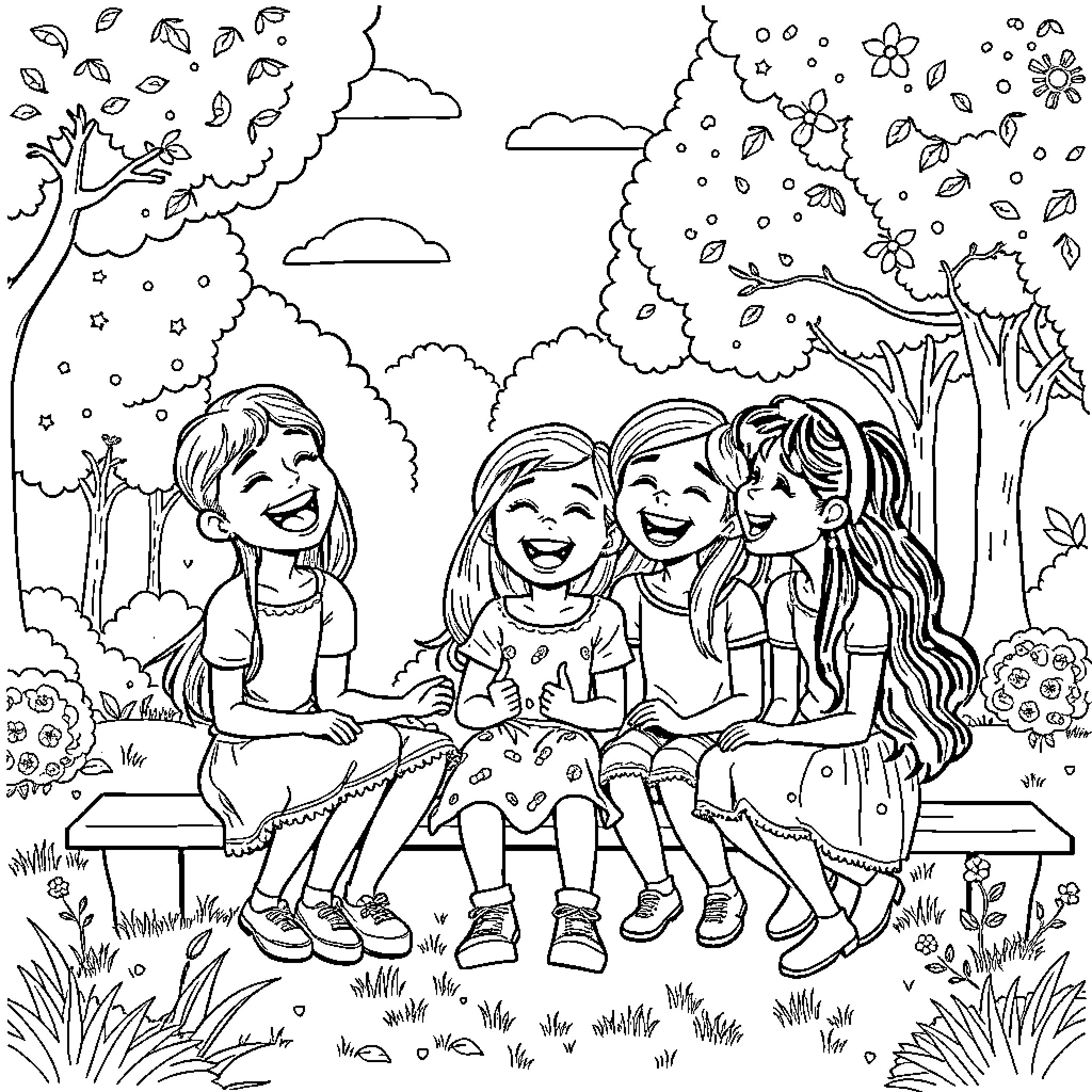 Gabi and her friends enjoying a sunny day outdoors Coloring Page (free black-and-white line drawing printable PDF for all, from beginners to advanced learners, including children, teens, adults, and seniors)