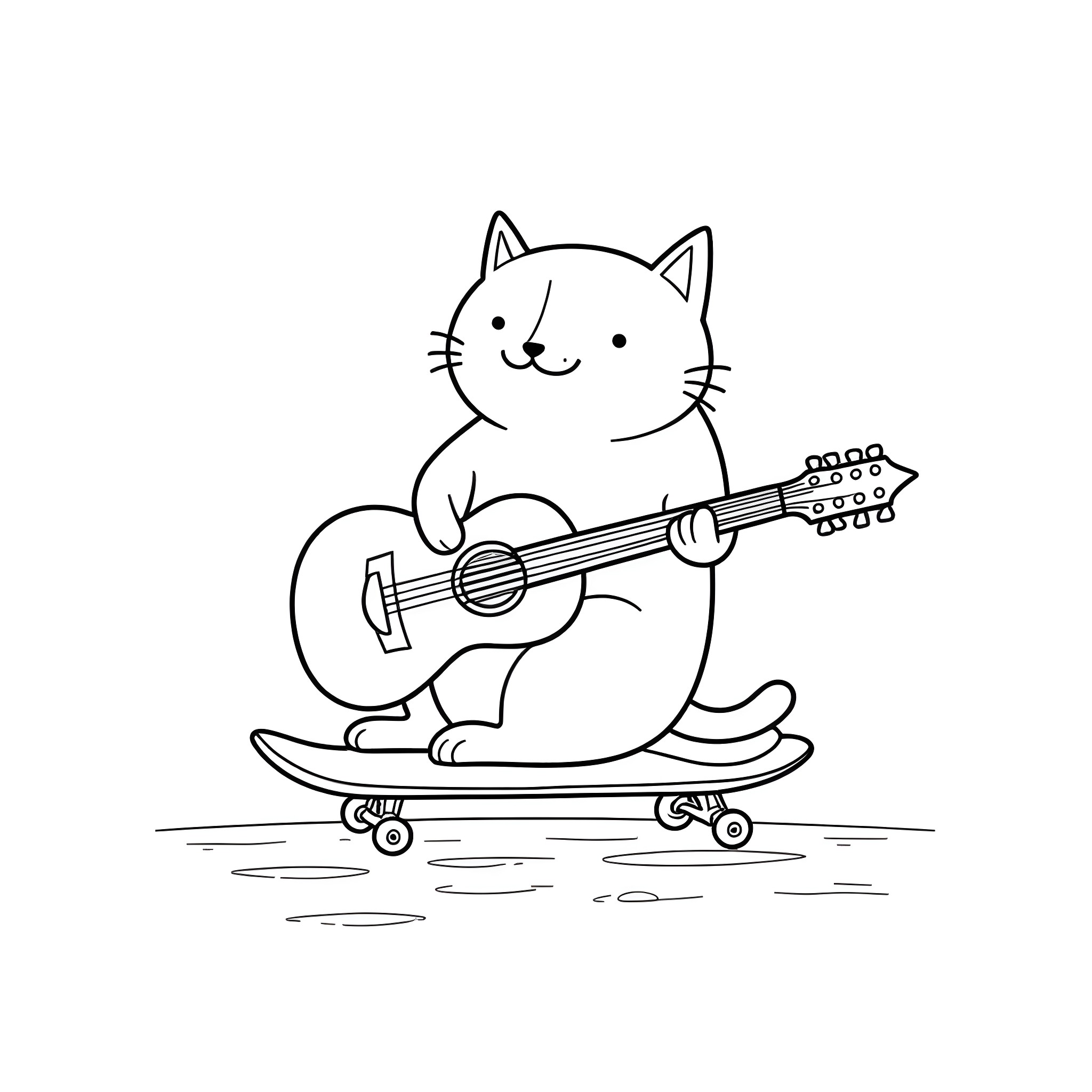 Cat playing guitar on a skateboard Coloring Page (free black-and-white line drawing printable PDF for all, from beginners to advanced learners, including children, teens, adults, and seniors)