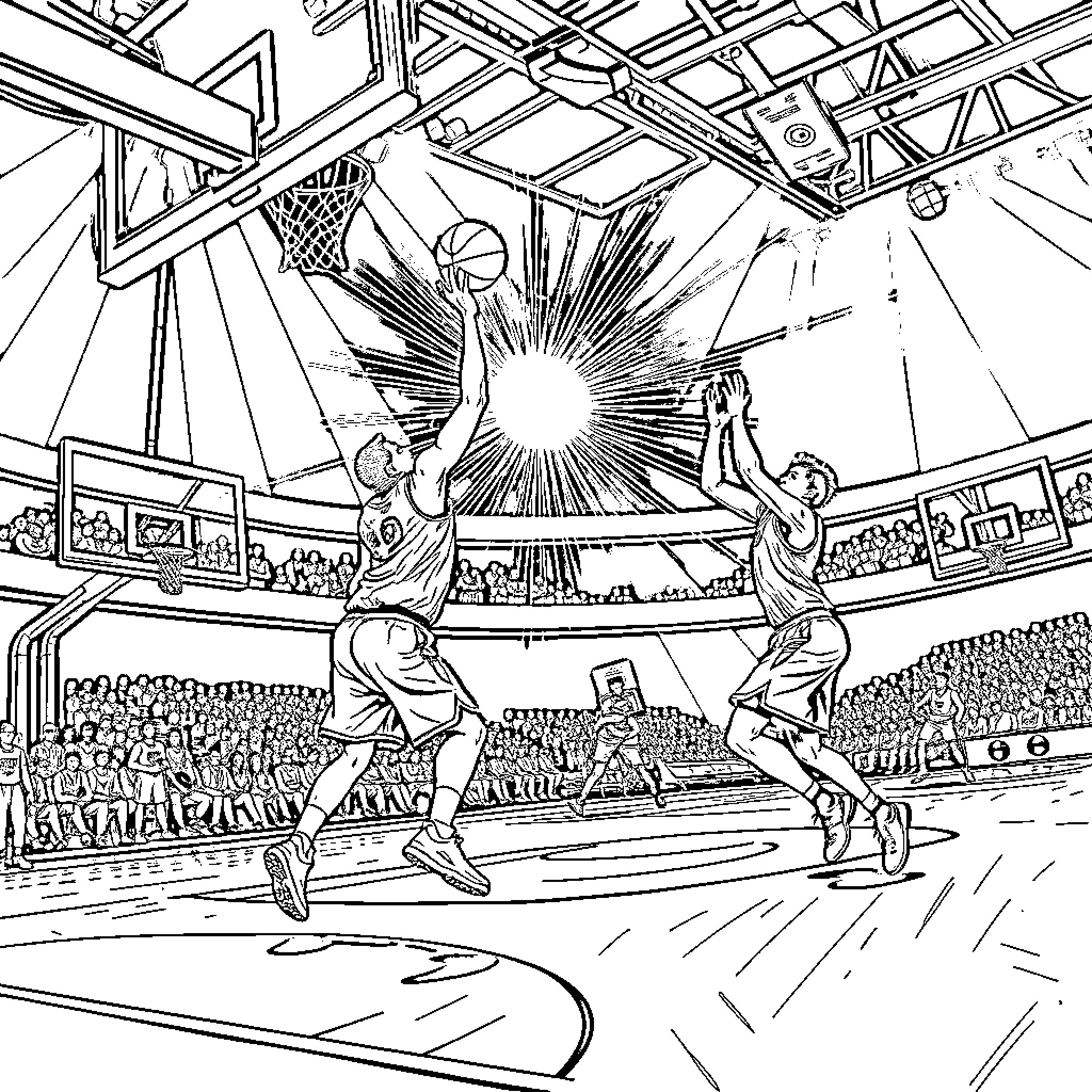 Basketball players competing in an intense match Coloring Page (free black-and-white line drawing printable PDF for all, from beginners to advanced learners, including children, teens, adults, and seniors)