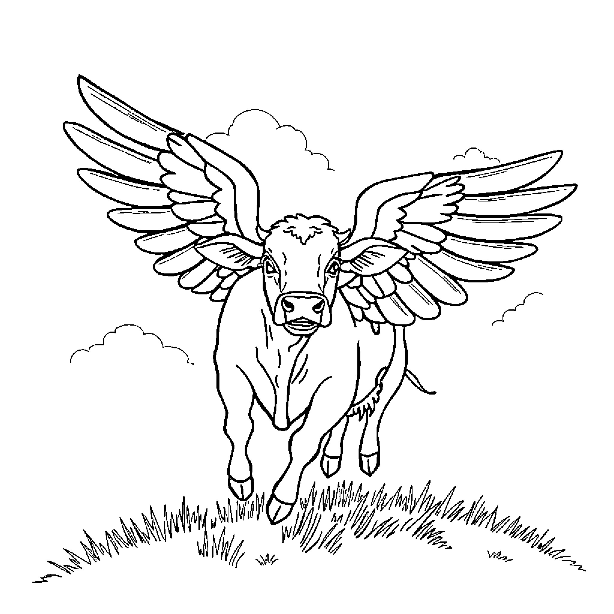 Winged Cow soaring through the clouds Coloring Page (free black-and-white line drawing printable PDF for all, from beginners to advanced learners, including children, teens, adults, and seniors)
