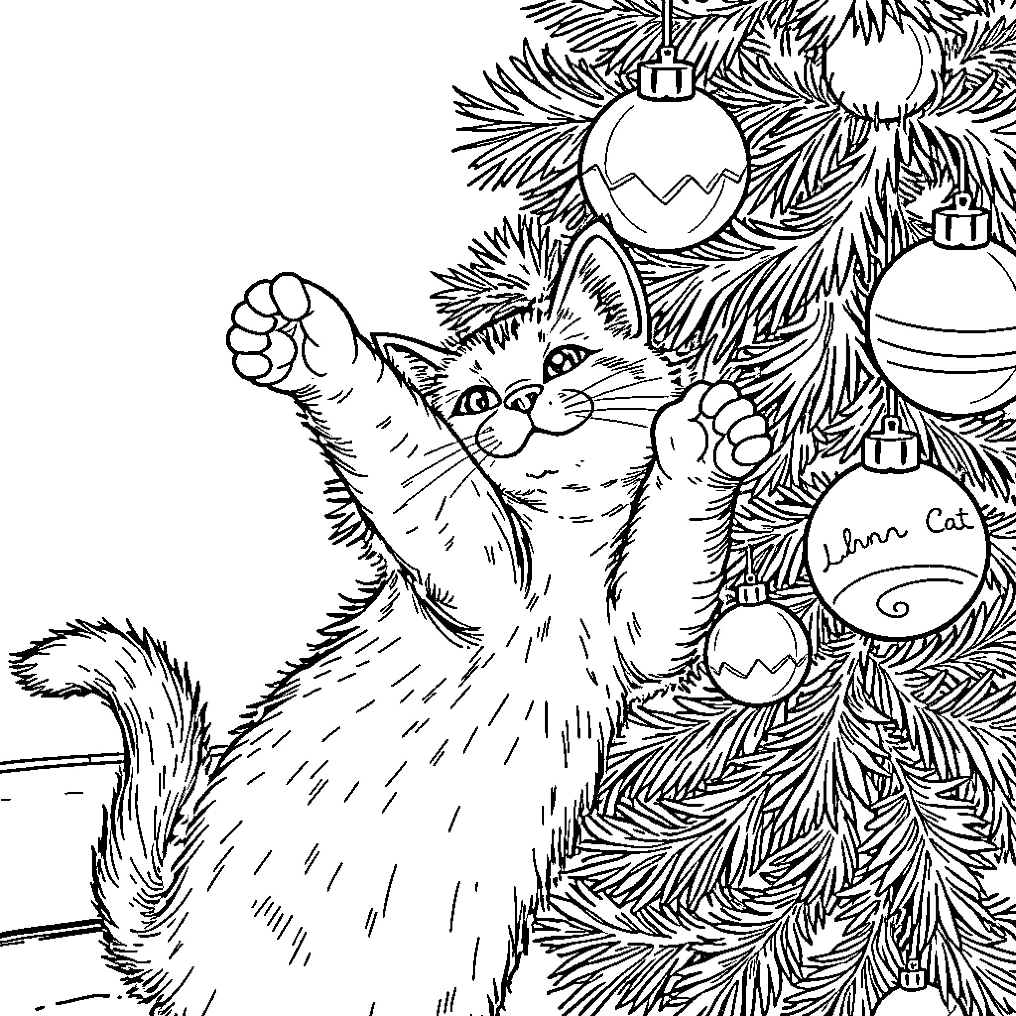 Cat playing playfully near Christmas tree Coloring Page (free black-and-white line drawing printable PDF for all, from beginners to advanced learners, including children, teens, adults, and seniors)