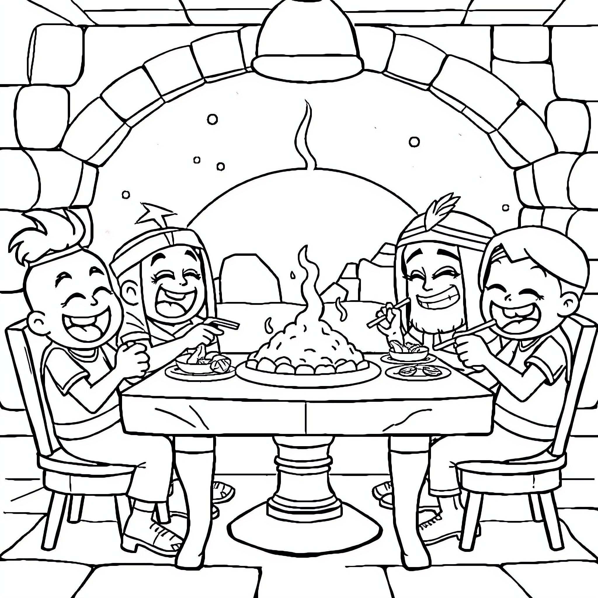 Brawl Stars friends enjoying a hearty meal together Coloring Page (free black-and-white line drawing printable PDF for all, from beginners to advanced learners, including children, teens, adults, and seniors)