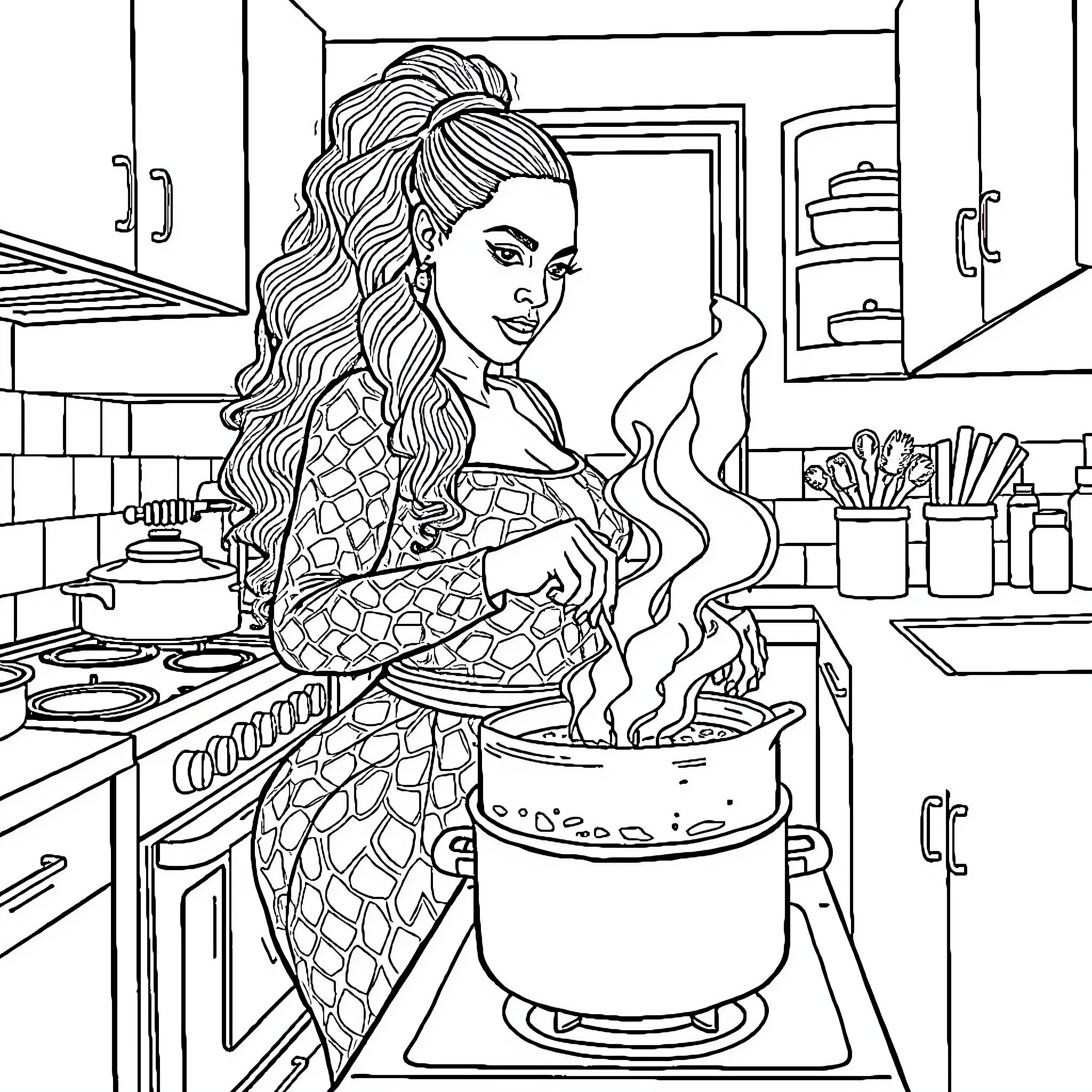 Beyonce Cooking in the Kitchen Coloring Page (free black-and-white line drawing printable PDF for all, from beginners to advanced learners, including children, teens, adults, and seniors)