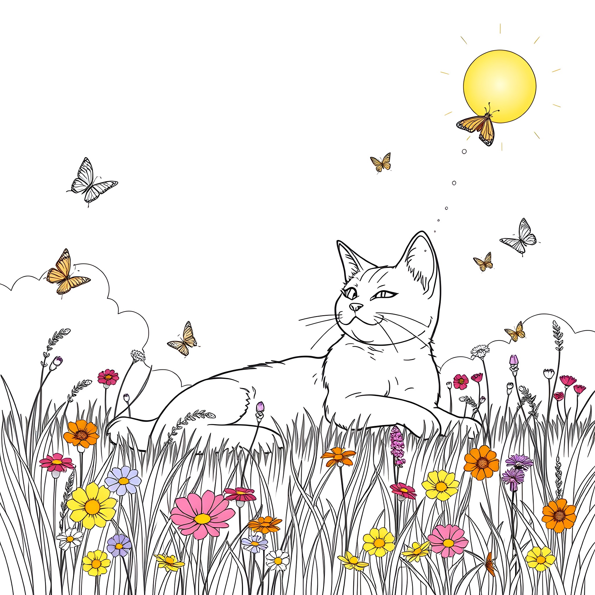 Cat resting among colorful flowers and butterflies Coloring Page (free black-and-white line drawing printable PDF for all, from beginners to advanced learners, including children, teens, adults, and seniors)
