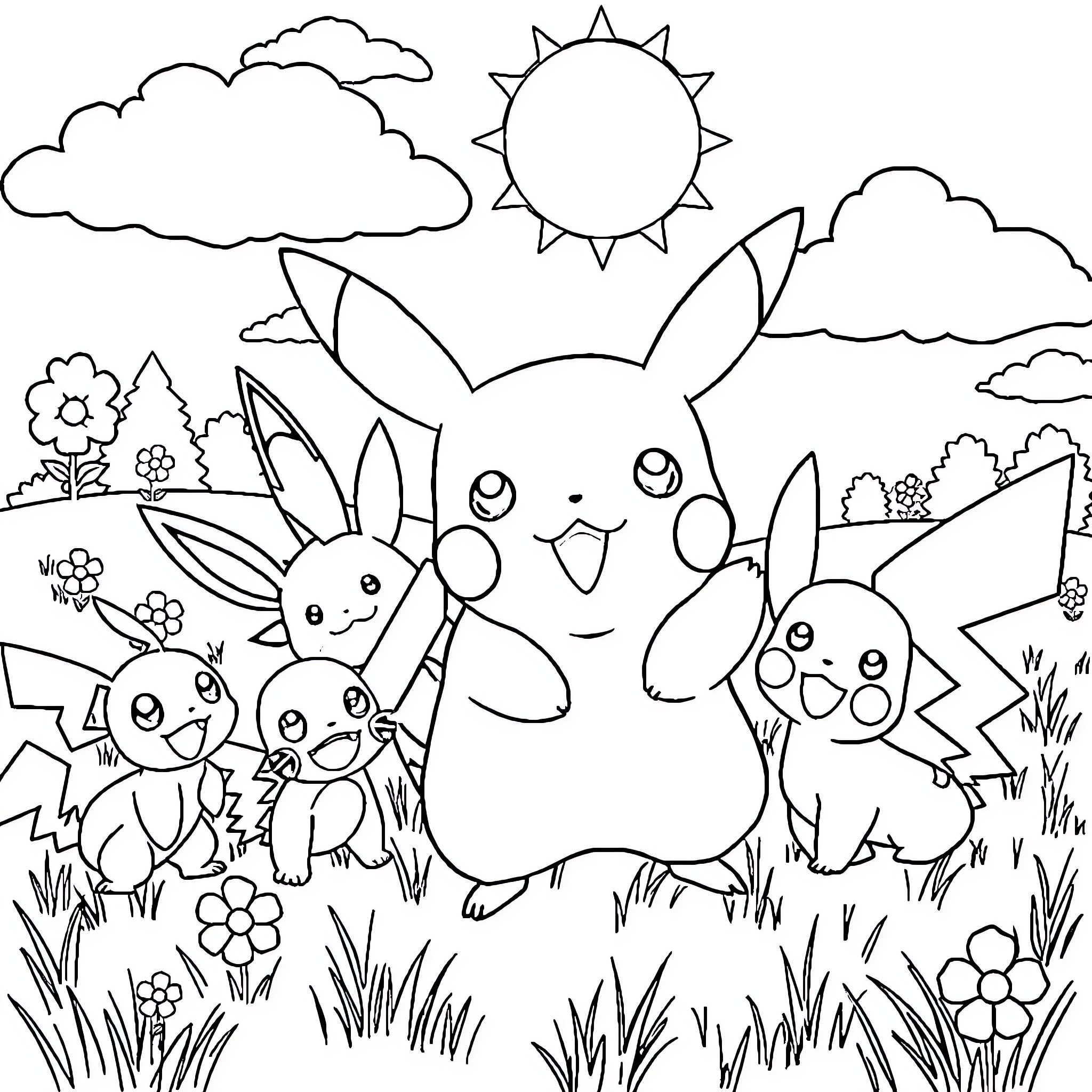 Pikachu and friends enjoying a sunny day outdoors Coloring Page (free black-and-white line drawing printable PDF for all, from beginners to advanced learners, including children, teens, adults, and seniors)