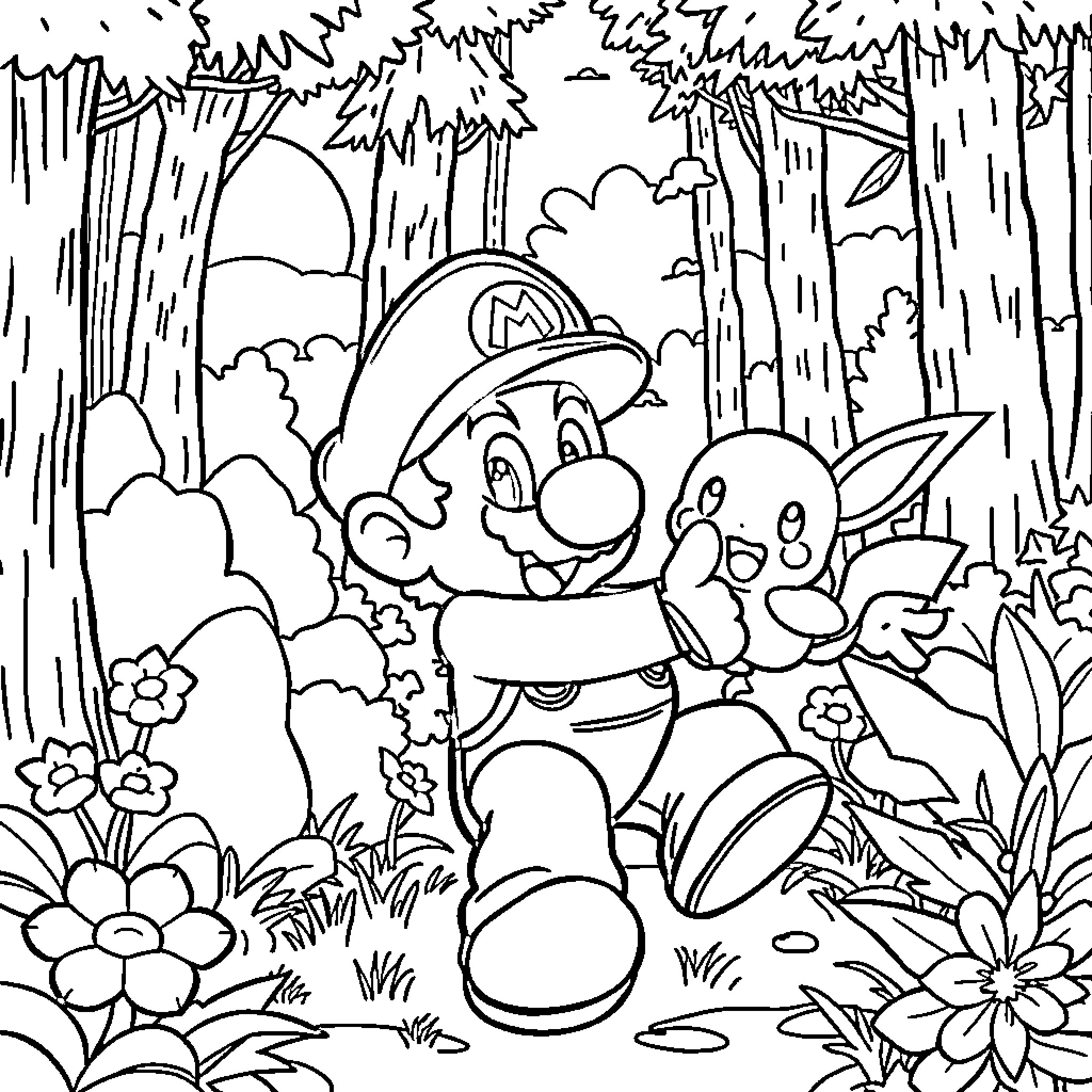 Mario's Adventure in the Whimsical Forest Coloring Page (free black-and-white line drawing printable PDF for all, from beginners to advanced learners, including children, teens, adults, and seniors)