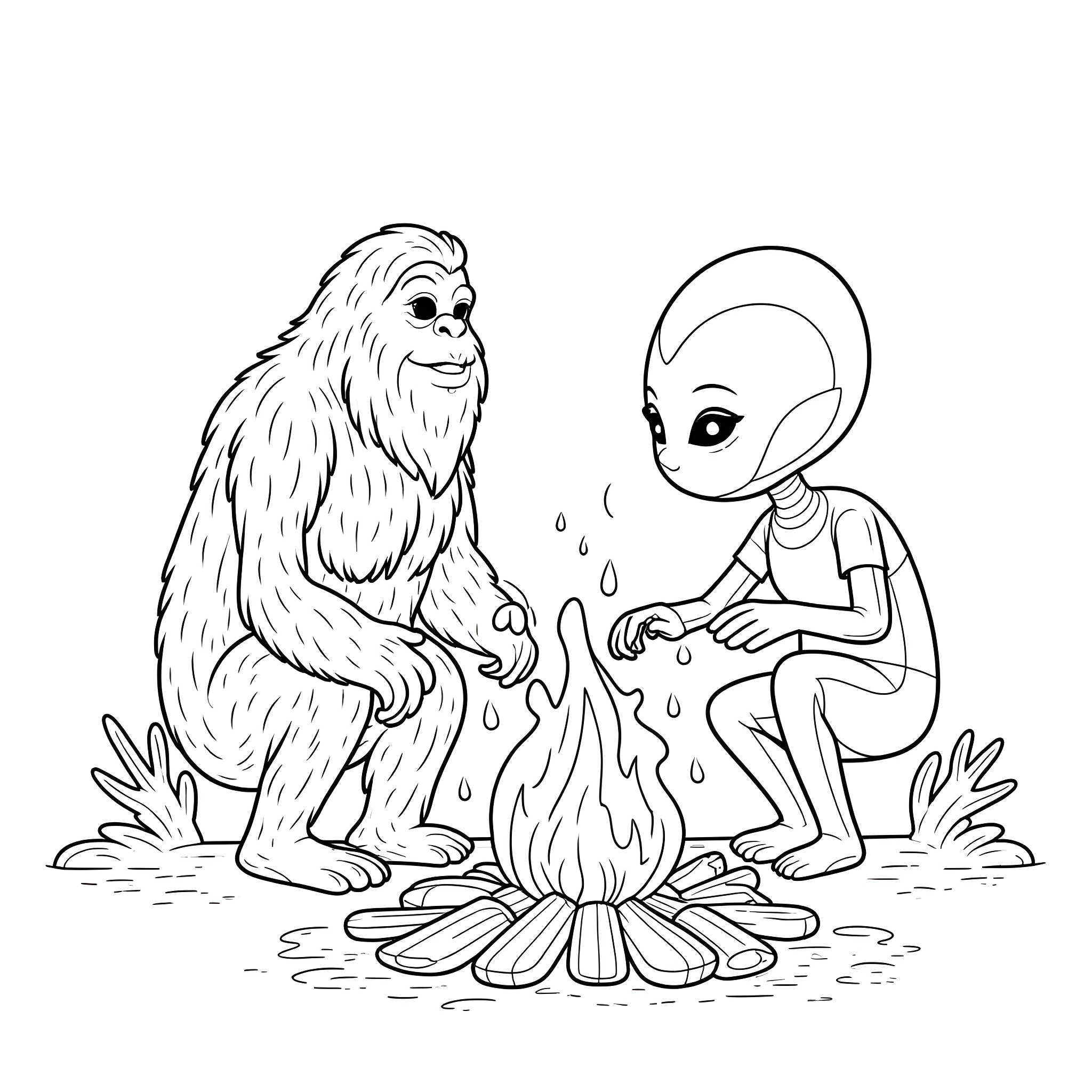 Bigfoot and alien roasting marshmallows by the campfire Coloring Page (free black-and-white line drawing printable PDF for all, from beginners to advanced learners, including children, teens, adults, and seniors)