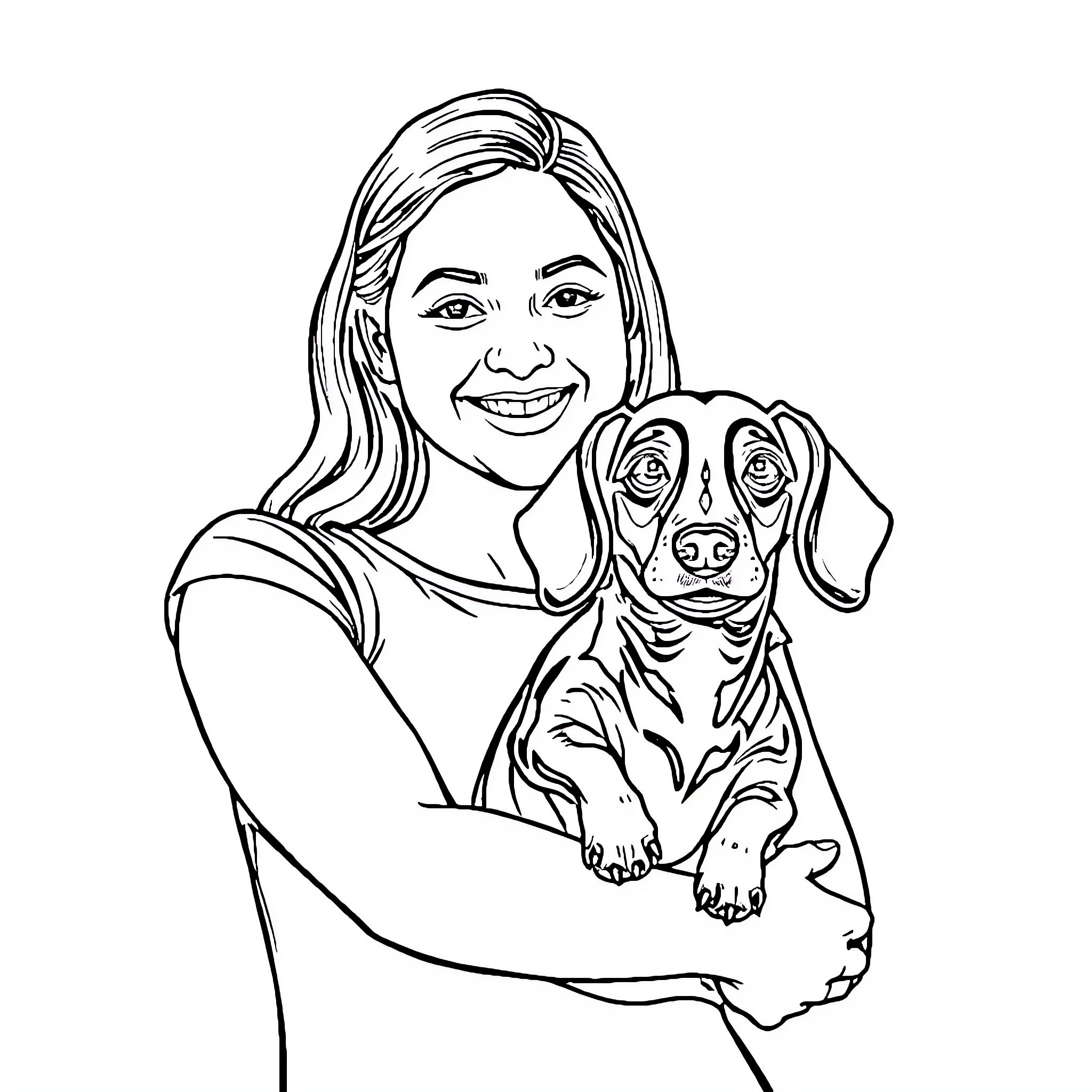 Olivia Rodrigo with her pet dog Coloring Page (free black-and-white line drawing printable PDF for all, from beginners to advanced learners, including children, teens, adults, and seniors)