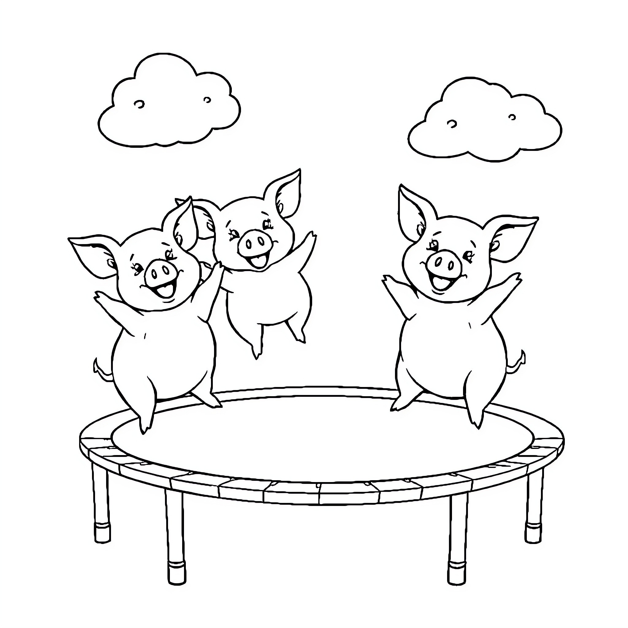 Pigs playing happily on a trampoline Coloring Page (free black-and-white line drawing printable PDF for all, from beginners to advanced learners, including children, teens, adults, and seniors)