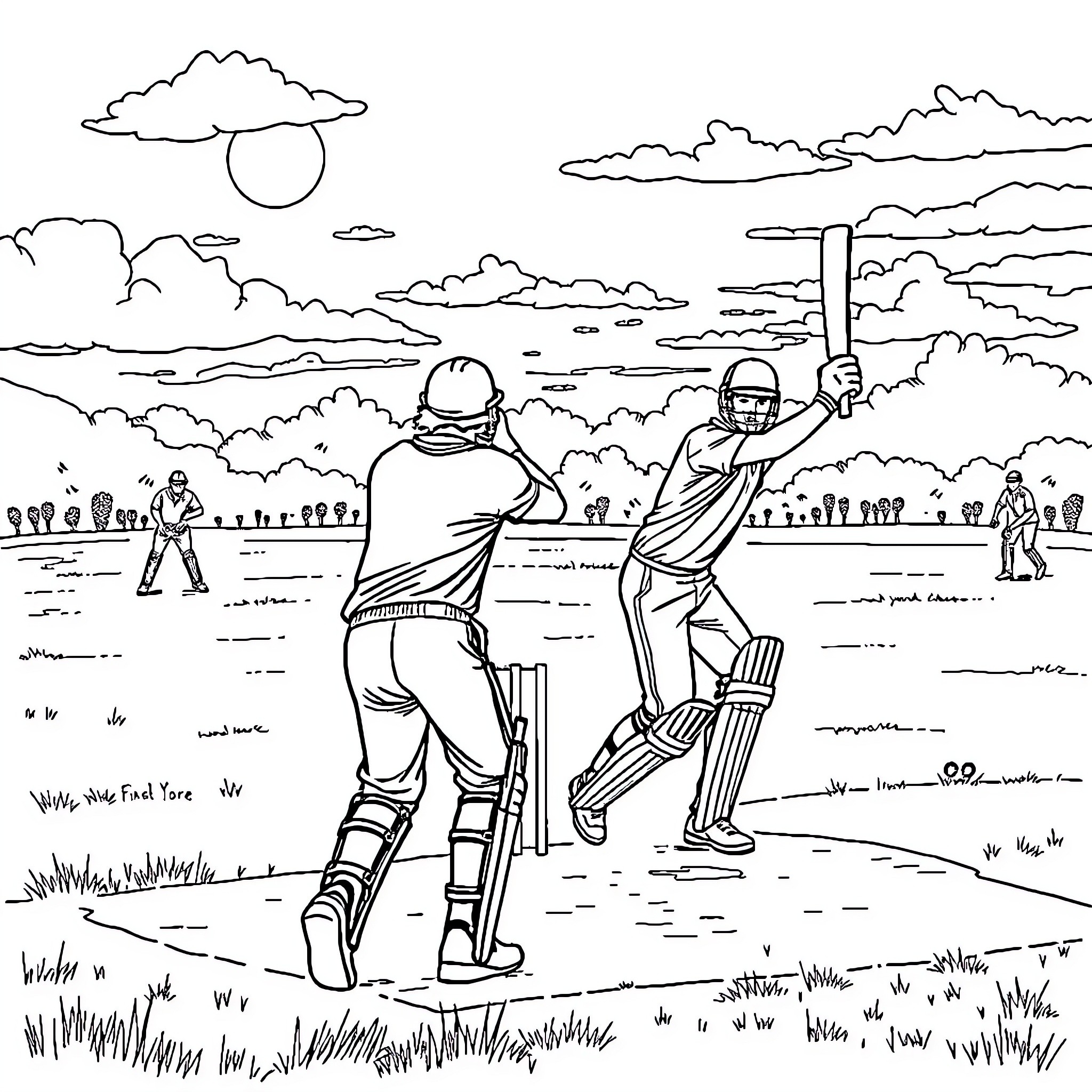 Players enjoying a game of cricket on the field Coloring Page (free black-and-white line drawing printable PDF for all, from beginners to advanced learners, including children, teens, adults, and seniors)