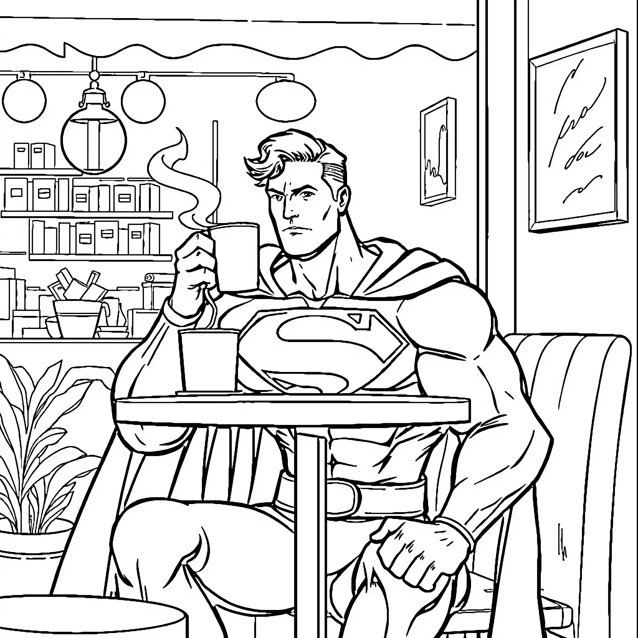 Superman relaxing with a warm drink in his home Coloring Page (free black-and-white line drawing printable PDF for all, from beginners to advanced learners, including children, teens, adults, and seniors)