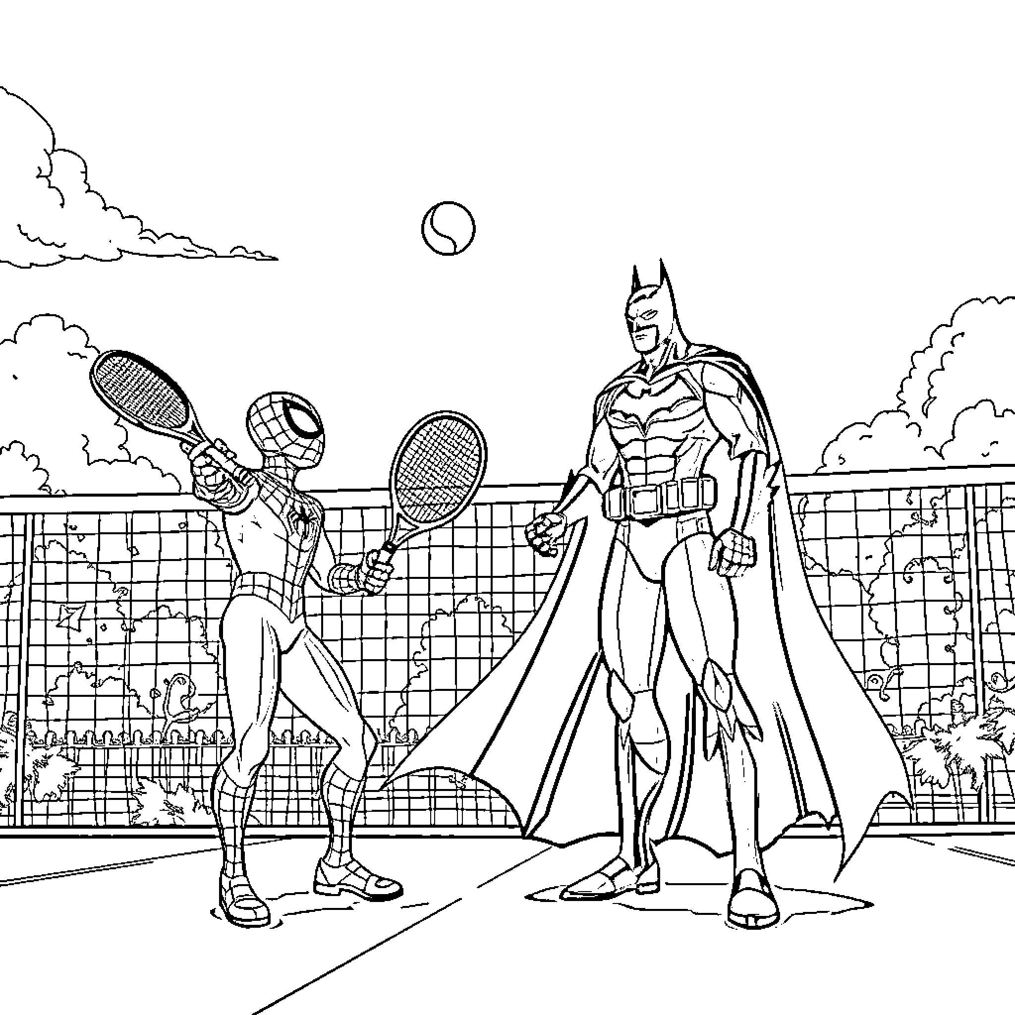 Spiderman and Batman facing off in a tennis match Coloring Page (free black-and-white line drawing printable PDF for all, from beginners to advanced learners, including children, teens, adults, and seniors)