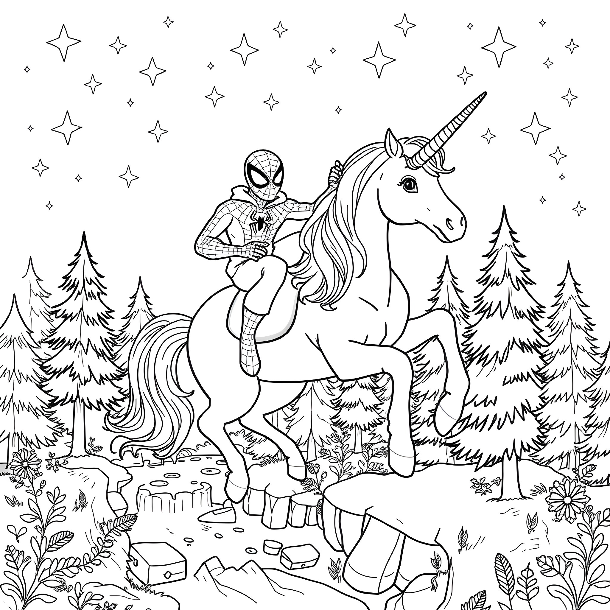 Spiderman riding a magical unicorn in the enchanted forest Coloring Page (free black-and-white line drawing printable PDF for all, from beginners to advanced learners, including children, teens, adults, and seniors)