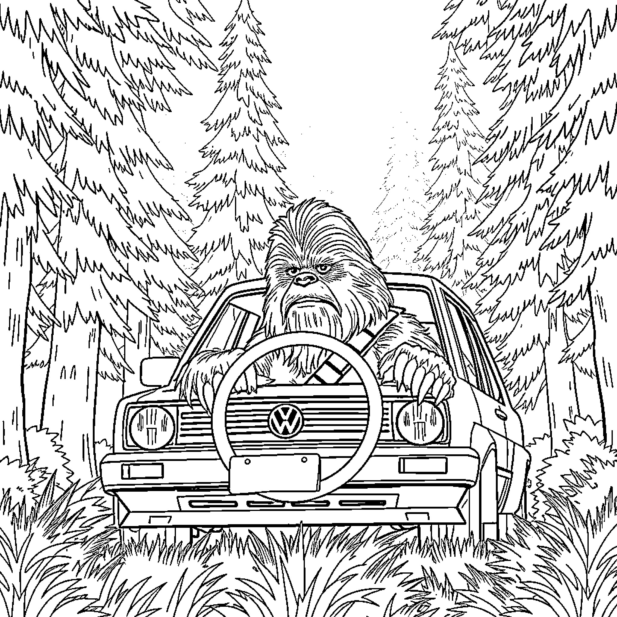 Chewbacca driving a car through the forest Coloring Page (free black-and-white line drawing printable PDF for all, from beginners to advanced learners, including children, teens, adults, and seniors)