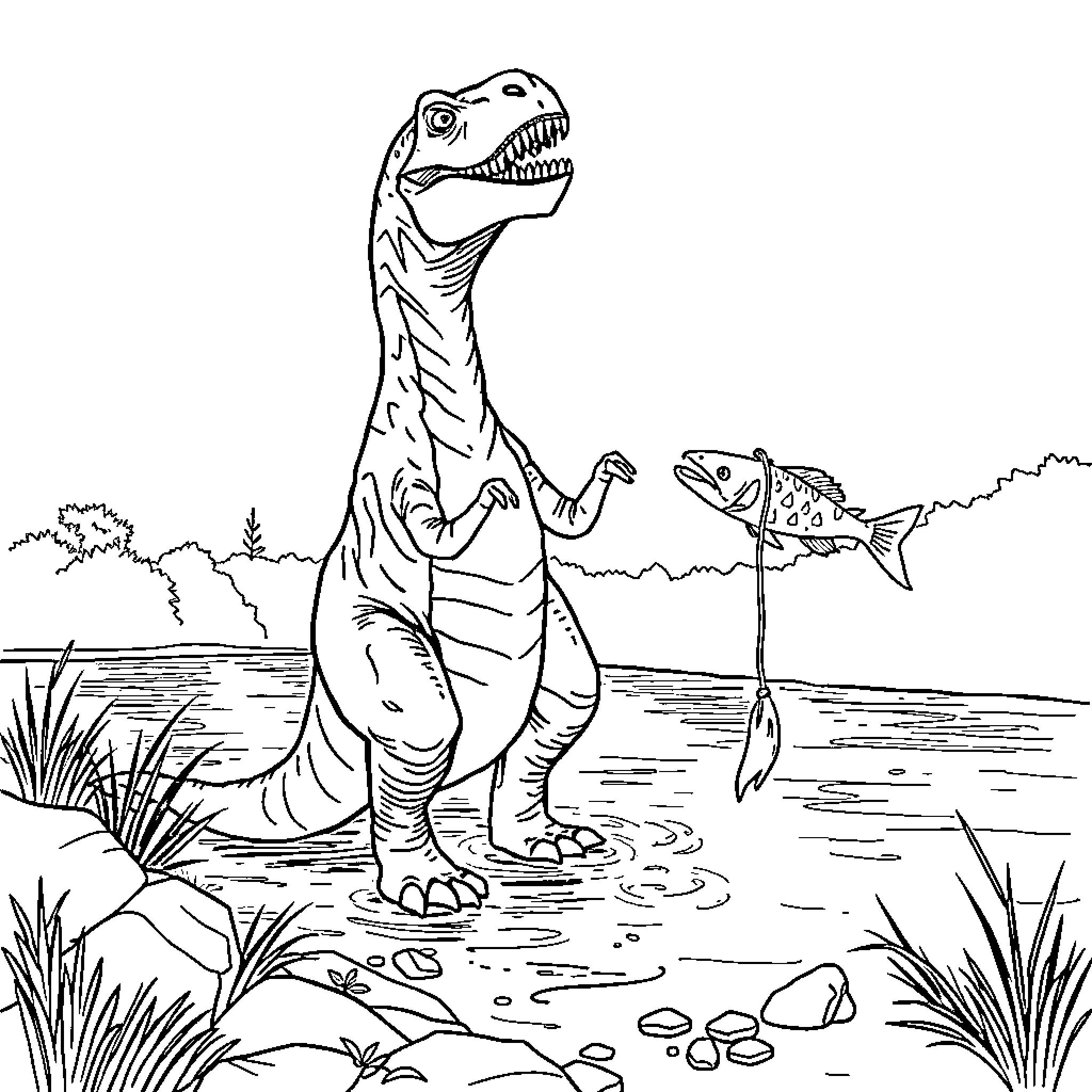 T-Rex stomping through prehistoric wetlands Coloring Page (free black-and-white line drawing printable PDF for all, from beginners to advanced learners, including children, teens, adults, and seniors)