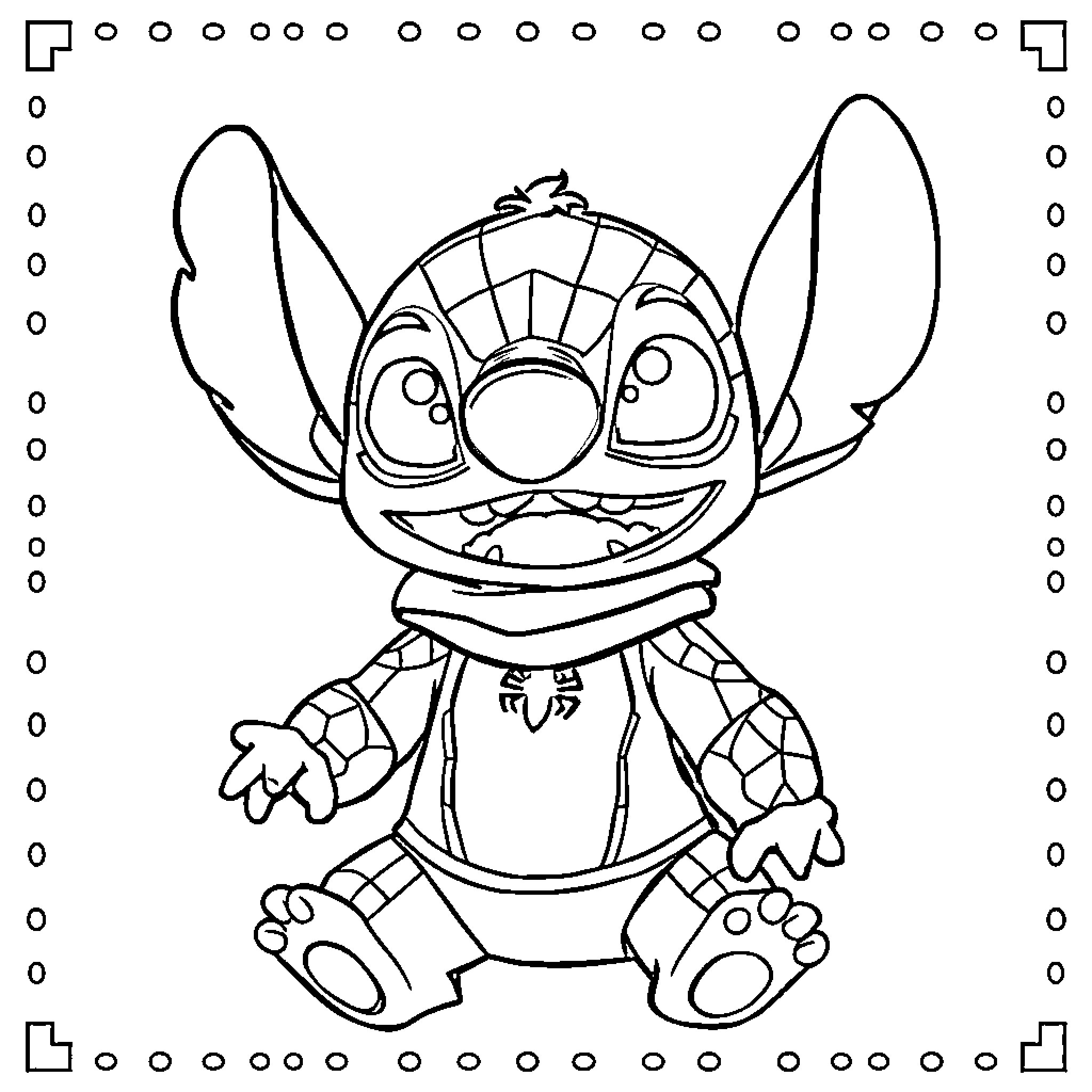 Spiderman-inspired Stitch character in a whimsical pose Coloring Page (free black-and-white line drawing printable PDF for all, from beginners to advanced learners, including children, teens, adults, and seniors)