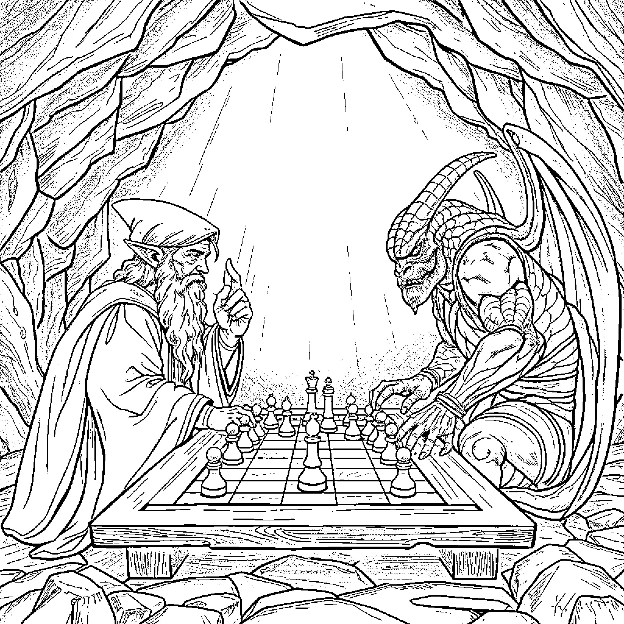Gandalf Playing Chess with a Mythical Creature Coloring Page (free black-and-white line drawing printable PDF for all, from beginners to advanced learners, including children, teens, adults, and seniors)