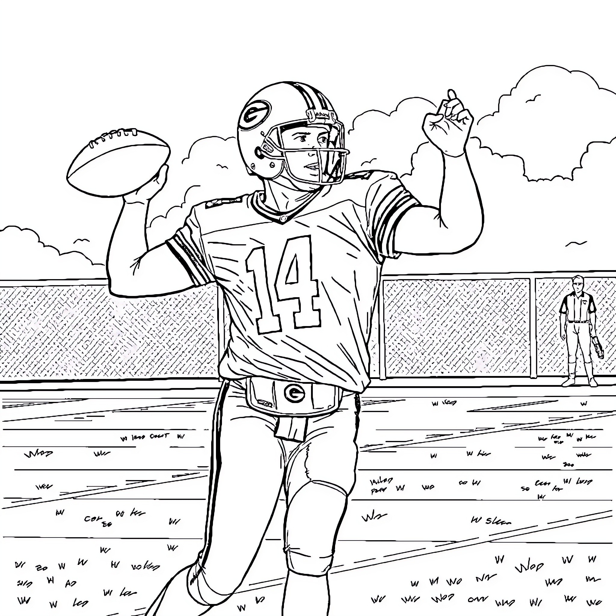 Jordan Love Passing the Football on the Field Coloring Page (free black-and-white line drawing printable PDF for all, from beginners to advanced learners, including children, teens, adults, and seniors)