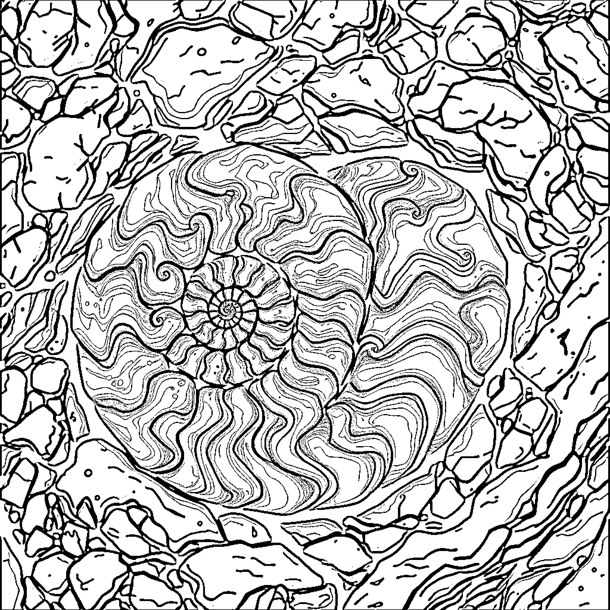 Ammonite fossilized spiral shell in rocky terrain Coloring Page (free black-and-white line drawing printable PDF for all, from beginners to advanced learners, including children, teens, adults, and seniors)