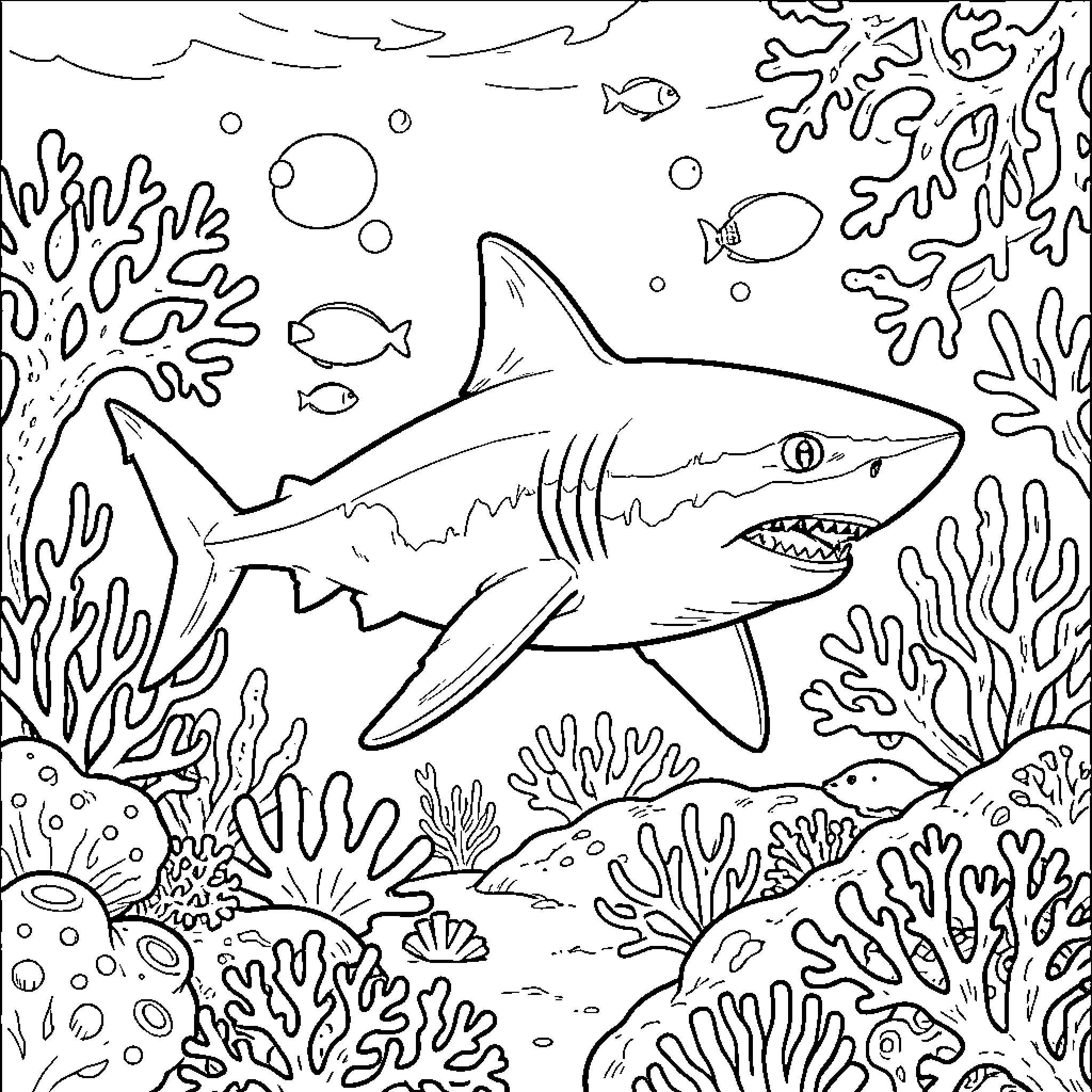 Shark swimming among coral reefs and small fish Coloring Page (free black-and-white line drawing printable PDF for all, from beginners to advanced learners, including children, teens, adults, and seniors)