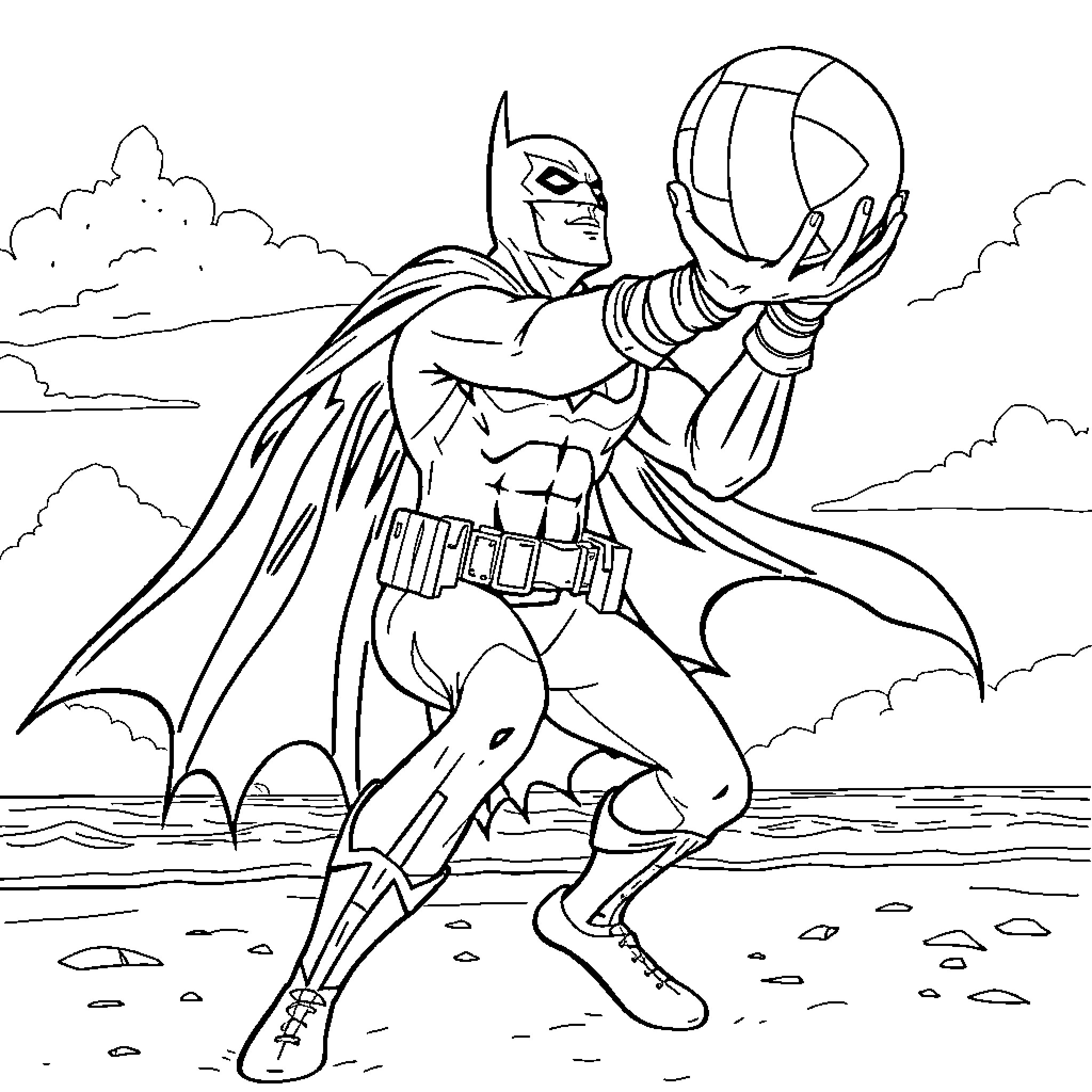Bat Man heroically battles with a powerful orb Coloring Page (free black-and-white line drawing printable PDF for all, from beginners to advanced learners, including children, teens, adults, and seniors)