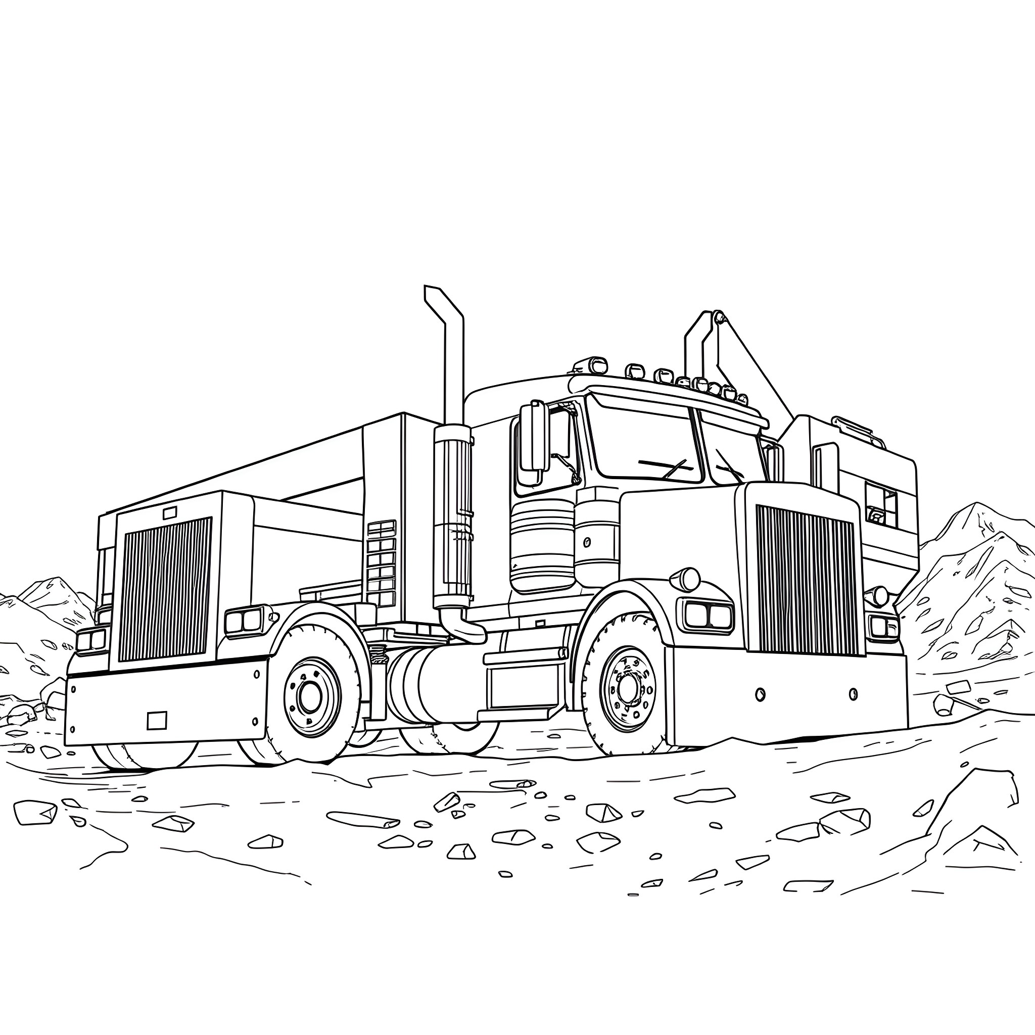 Truck transporting cargo in rugged terrain Coloring Page (free black-and-white line drawing printable PDF for all, from beginners to advanced learners, including children, teens, adults, and seniors)