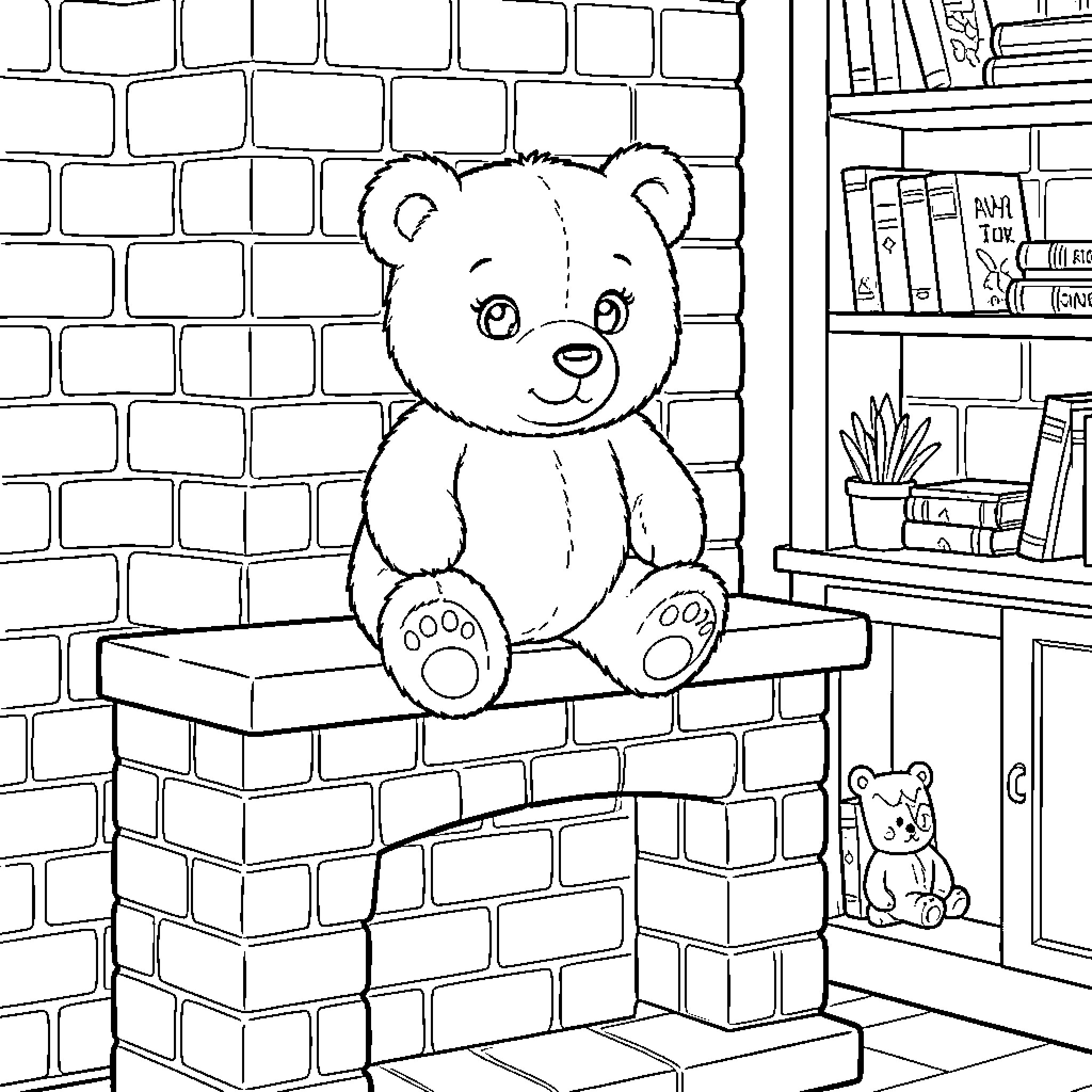Teddy Bear sitting peacefully on a brick fireplace Coloring Page (free black-and-white line drawing printable PDF for all, from beginners to advanced learners, including children, teens, adults, and seniors)