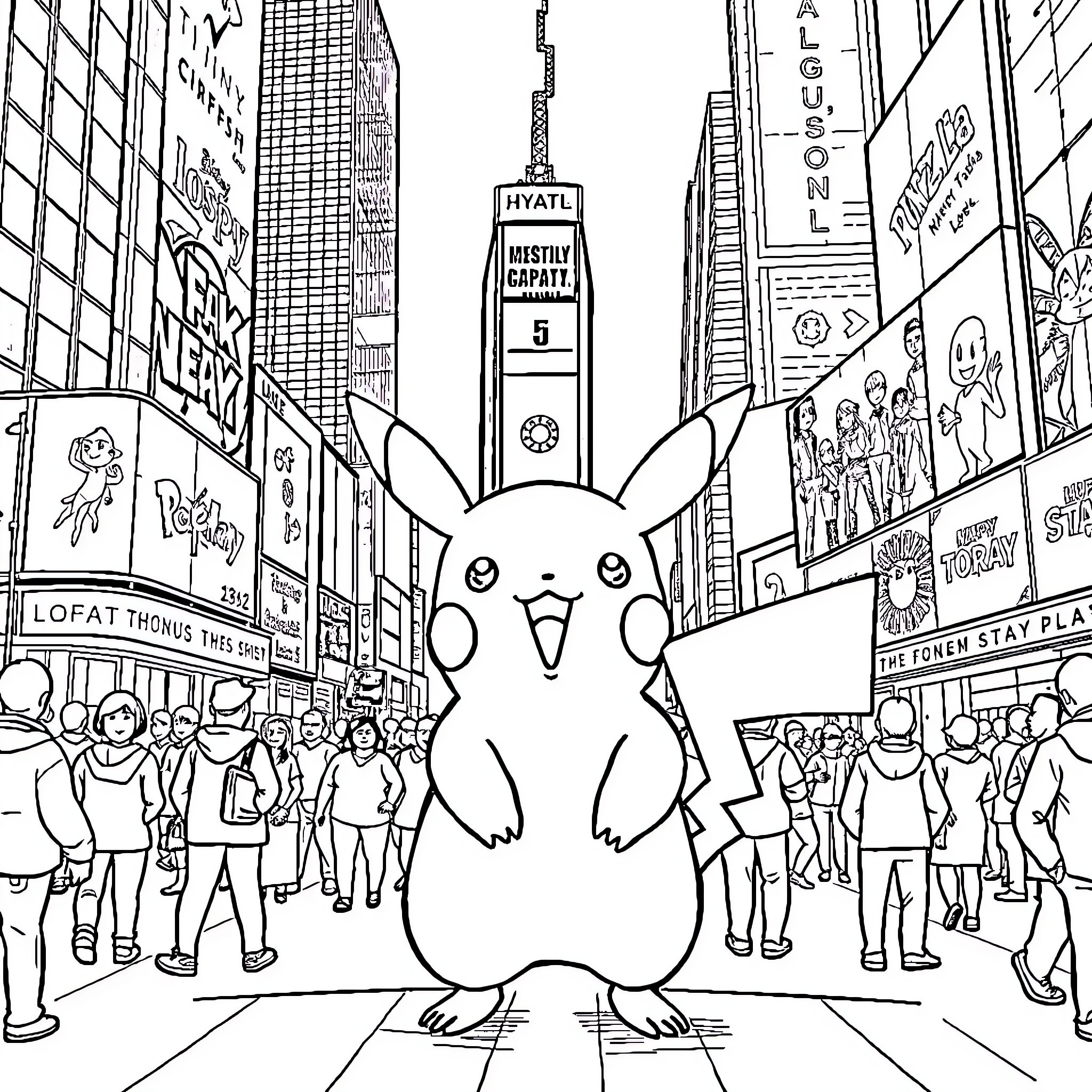Pikachu exploring busy city streets with pedestrians Coloring Page (free black-and-white line drawing printable PDF for all, from beginners to advanced learners, including children, teens, adults, and seniors)